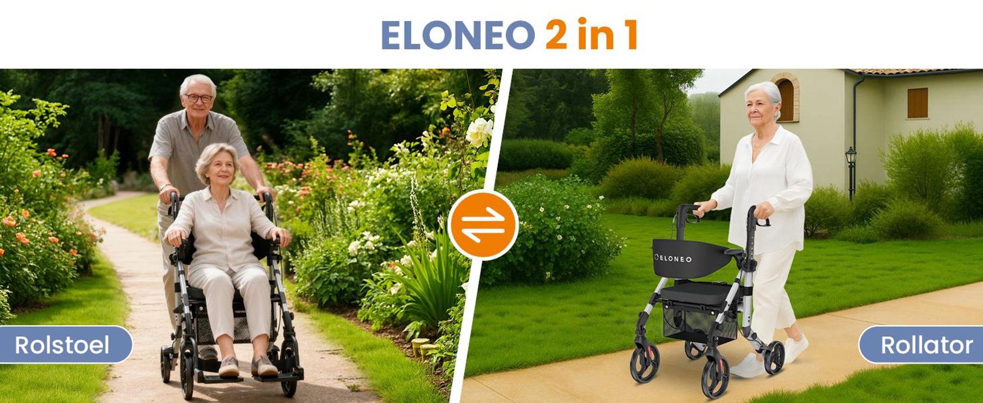 ELONEO 2-in-1 rolstoel/rolator, opvouwbaar en lichtgewicht met zitplaats, outdoor rolstoel/rolator, opvouwbaar, aluminium loophulpmiddel voor senioren - zilver