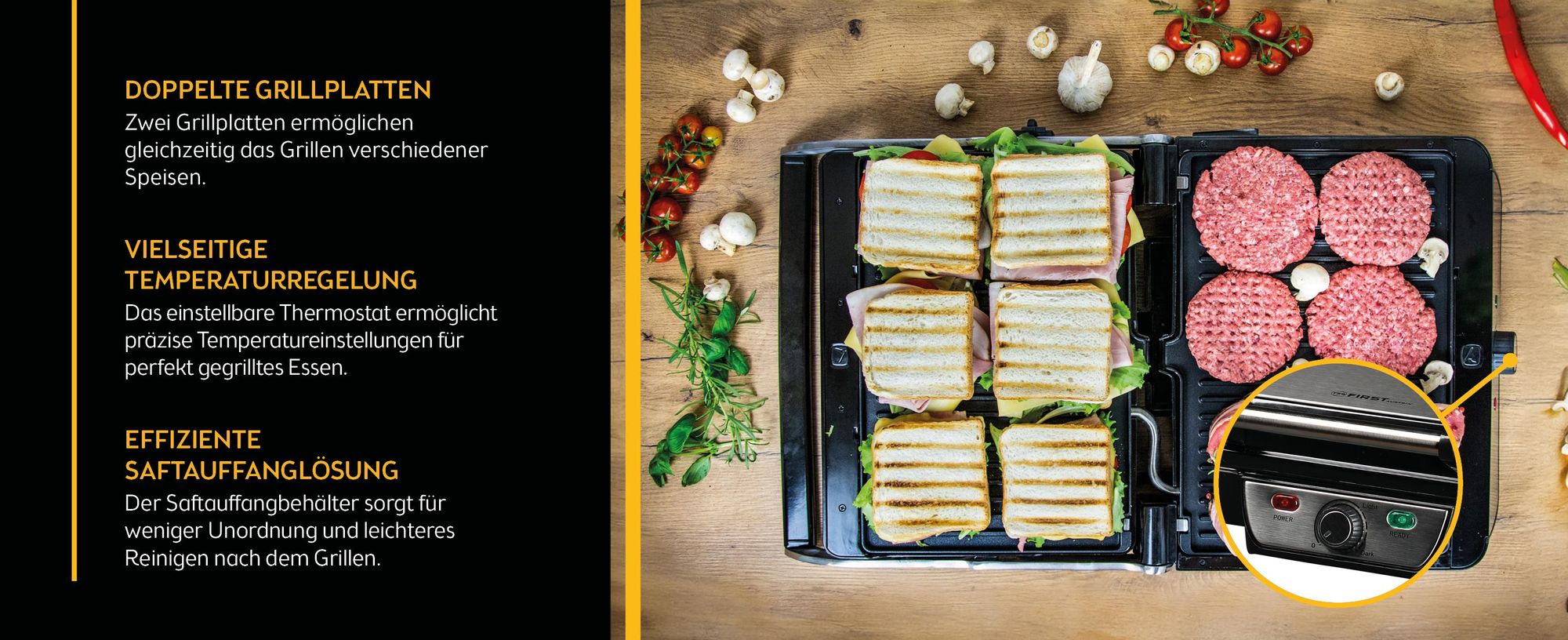 TZS First Austria Kontaktgrill , 1800W, Edelstahl, Panini Grill, Sandwichmaker, BPA frei, Klappbar, Elektrogrill