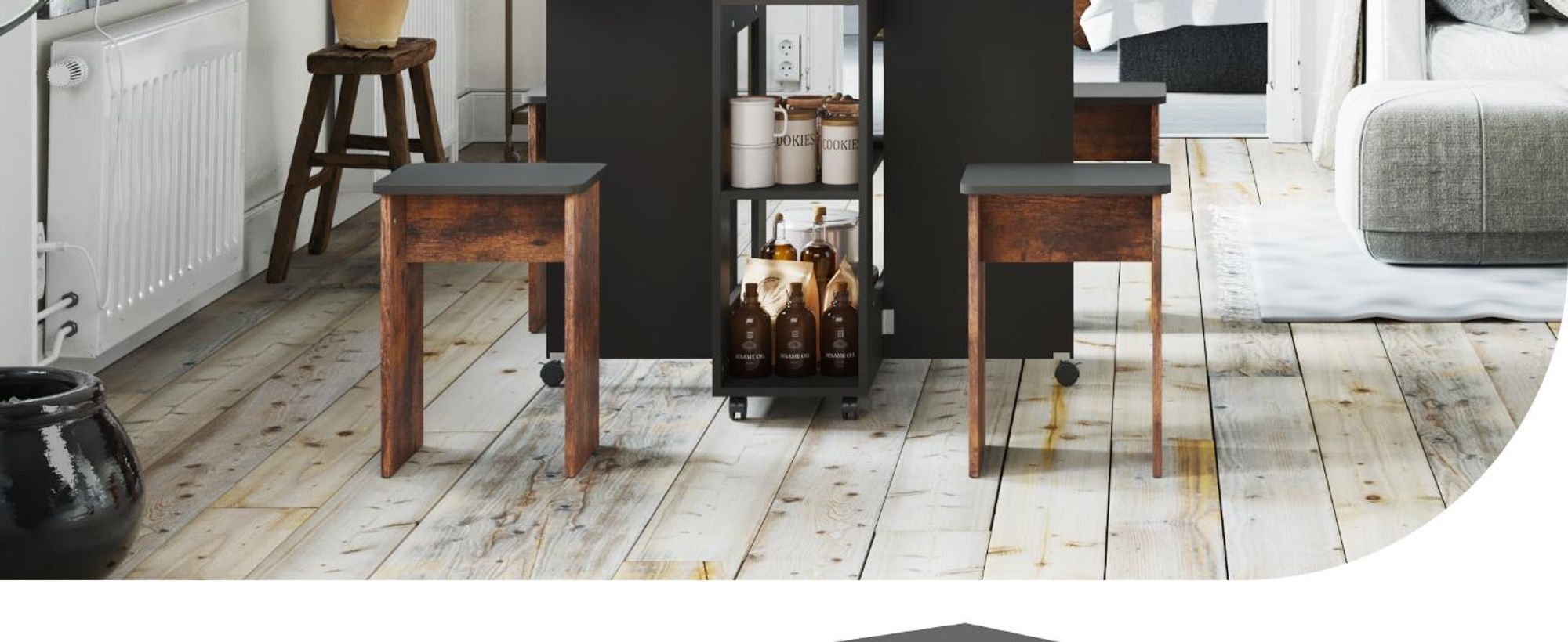 Mondeer Esstisch mit 4 Hockern Platzsparend (120x80→33x80cm), Rollbar mit Bremsen, 3-in-1 Funktion & Schnell Aufgebaut Braun und Schwarz