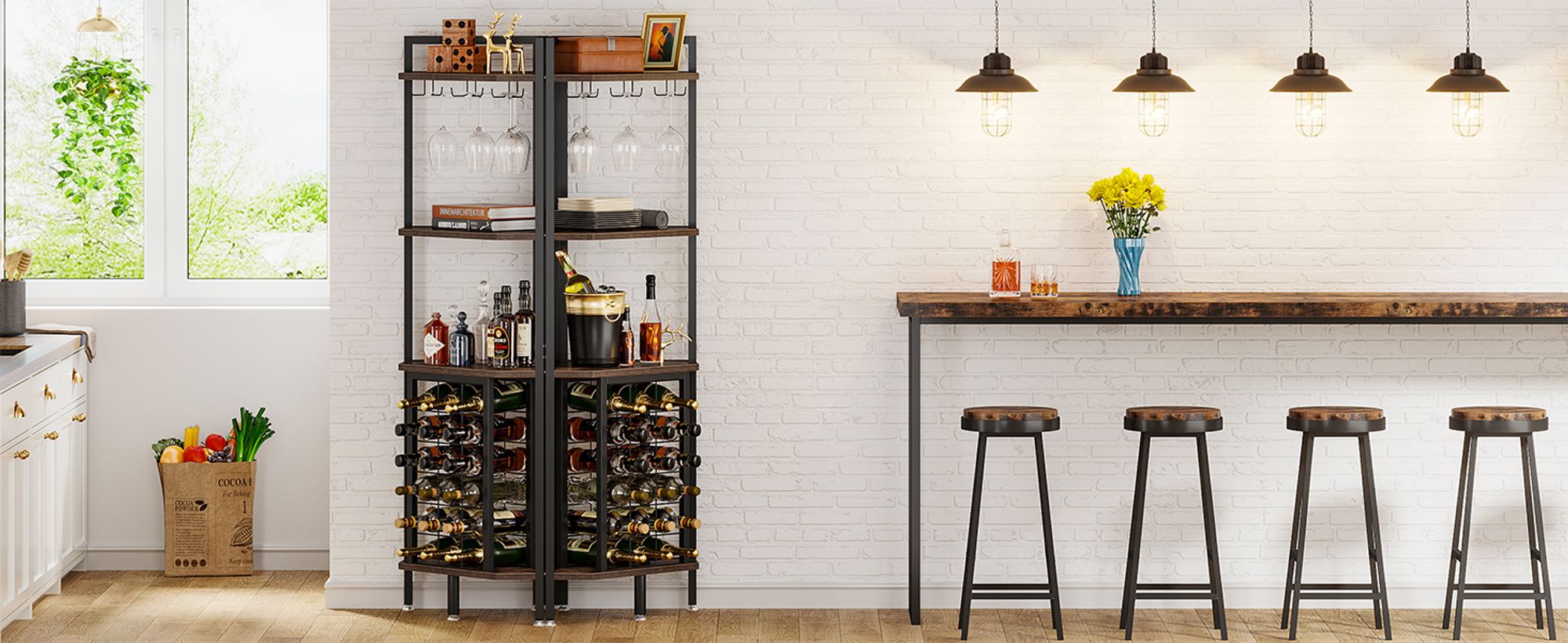Tribesigns Weinregal Freistehender Boden,4-stöckiges Eck-Weinregal mit Glashalter & Weinaufbewahrung, industrielles Weinregal Weinbar Schrank, Braun