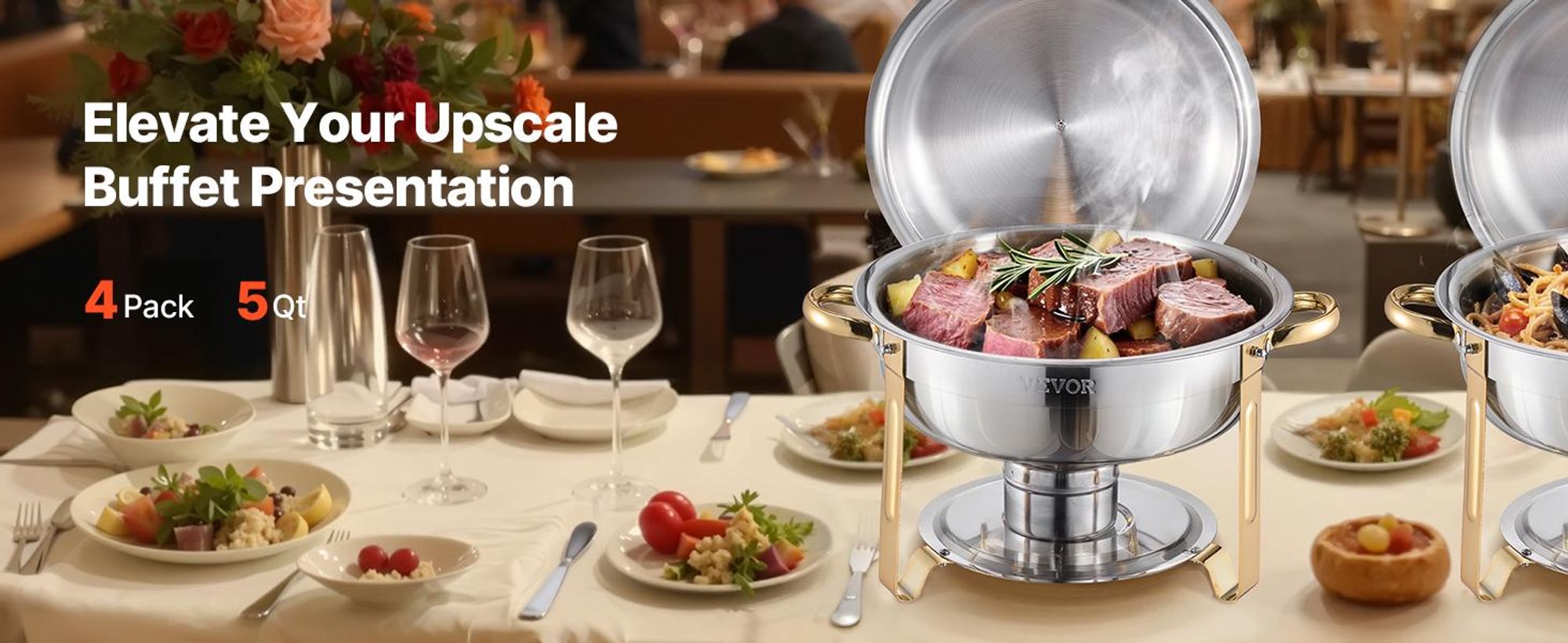 VEVOR Warmhalteteller Buffet Set, 5 Qt 4er Pack, Edelstahl Chafing Dish mit 4 Vollformat-Pfannen, runder Catering-Wärmer mit Deckel, Wasserpfanne, klappbarer Ständer und Clip, für Hochzeiten, Partys, Bankette, Silber, Gold-4-teilig