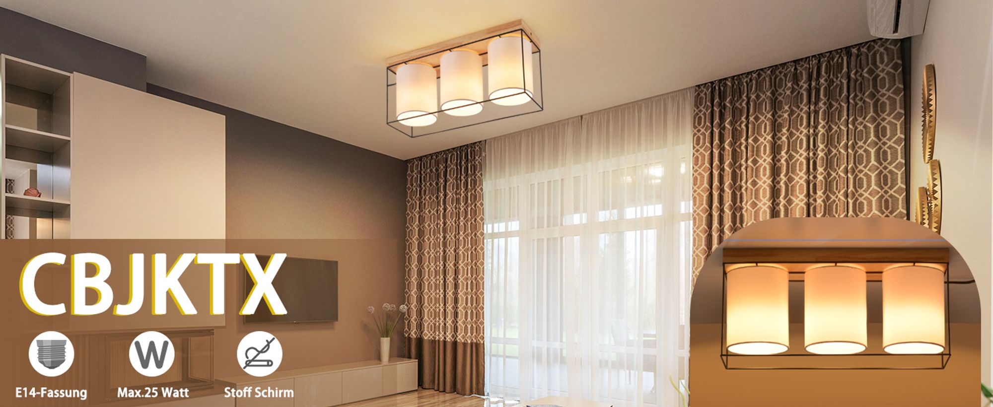 ZMH Deckenlampe Wohnzimmer Deckenleuchte Holz 3 Flammig E14  Wohnzimmerlampe mit StoffLampenschirm Industrial Retro Esszimmerlampe (ohne Leuchtmittel)