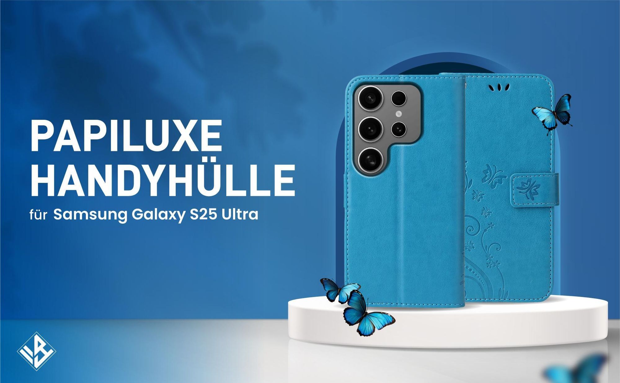 Blaue Klapphülle im Schmetterling Design für Samsung Galaxy S25 Ultra mit Wallet-Funktion