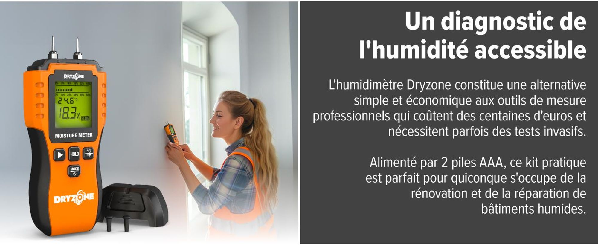 Dryzone Testeur d'Humidité - Détecteur d'Humidité à Broche et Écran LCD - pour Murs, Bois et autres Matériaux de Construction - Facile à Utiliser
