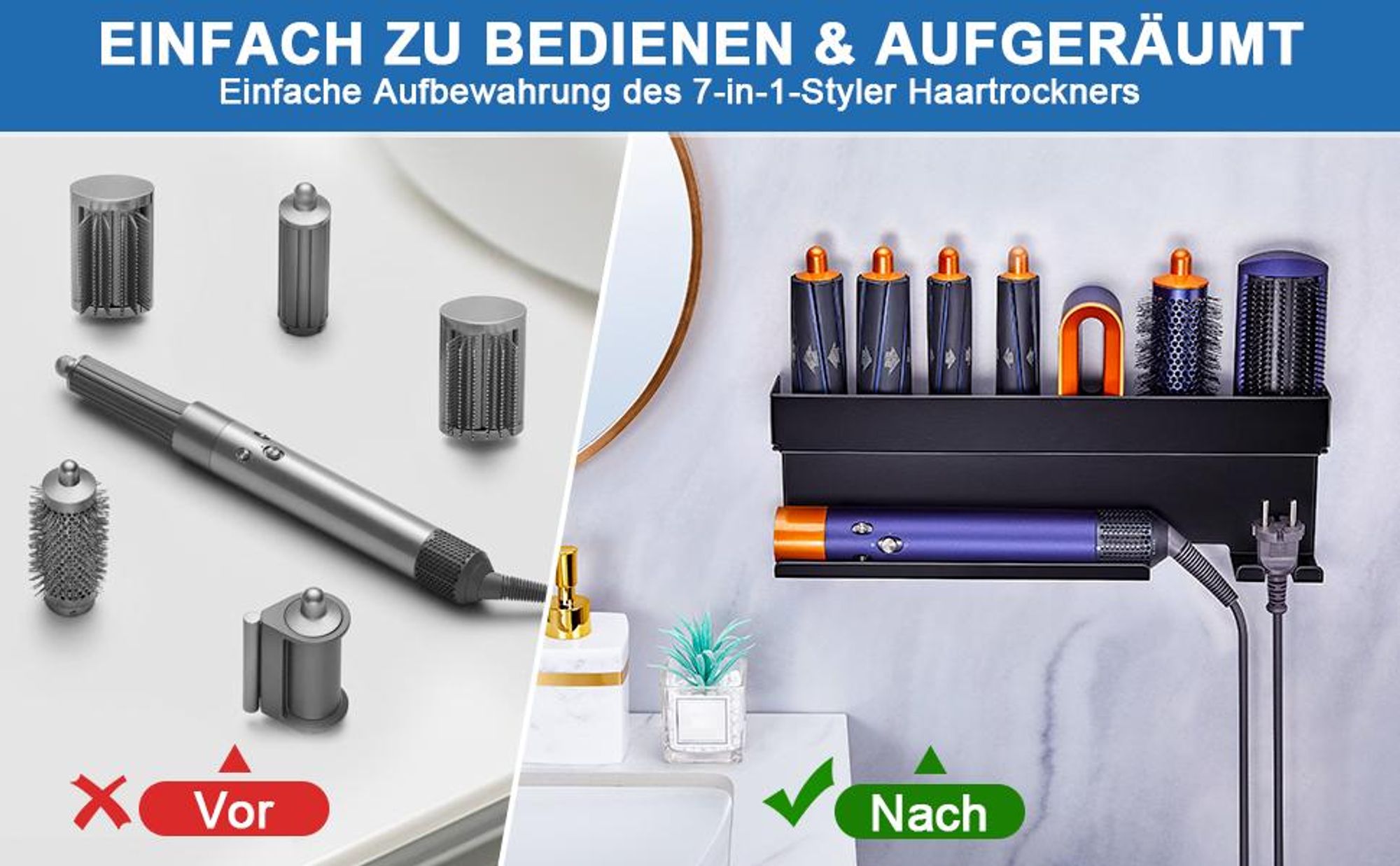 Föhnhalter Wand Ohne Bohren, Föhn und Glätteisen Halterung Für Styler Lockenstab Zubehör, Fönhalterung Wandhalterung, Selbstklebend Haartrocknerhalter