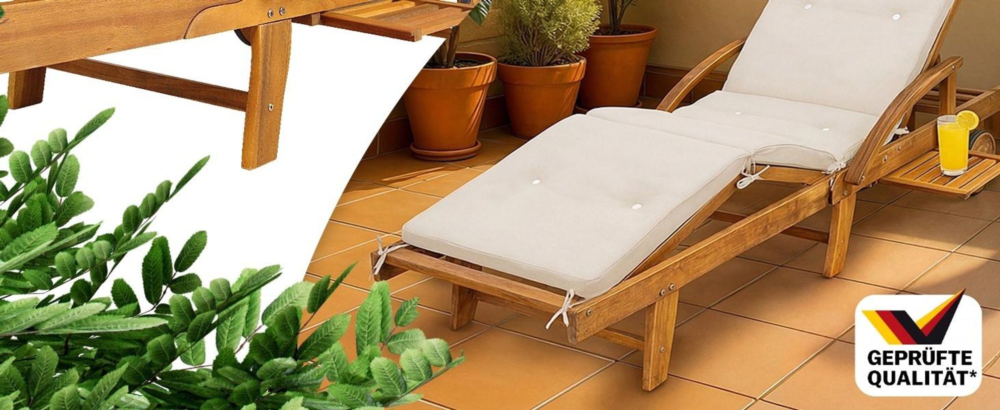 CASARIA® Sonnenliege Holz inkl. Auflage Creme 320kg Belastbar 195x55cm Klappbar Räder Rückenlehne Verstellbar Ablage Akazie Gartenliege Balkon Garten Terrasse Liege Wetterfest