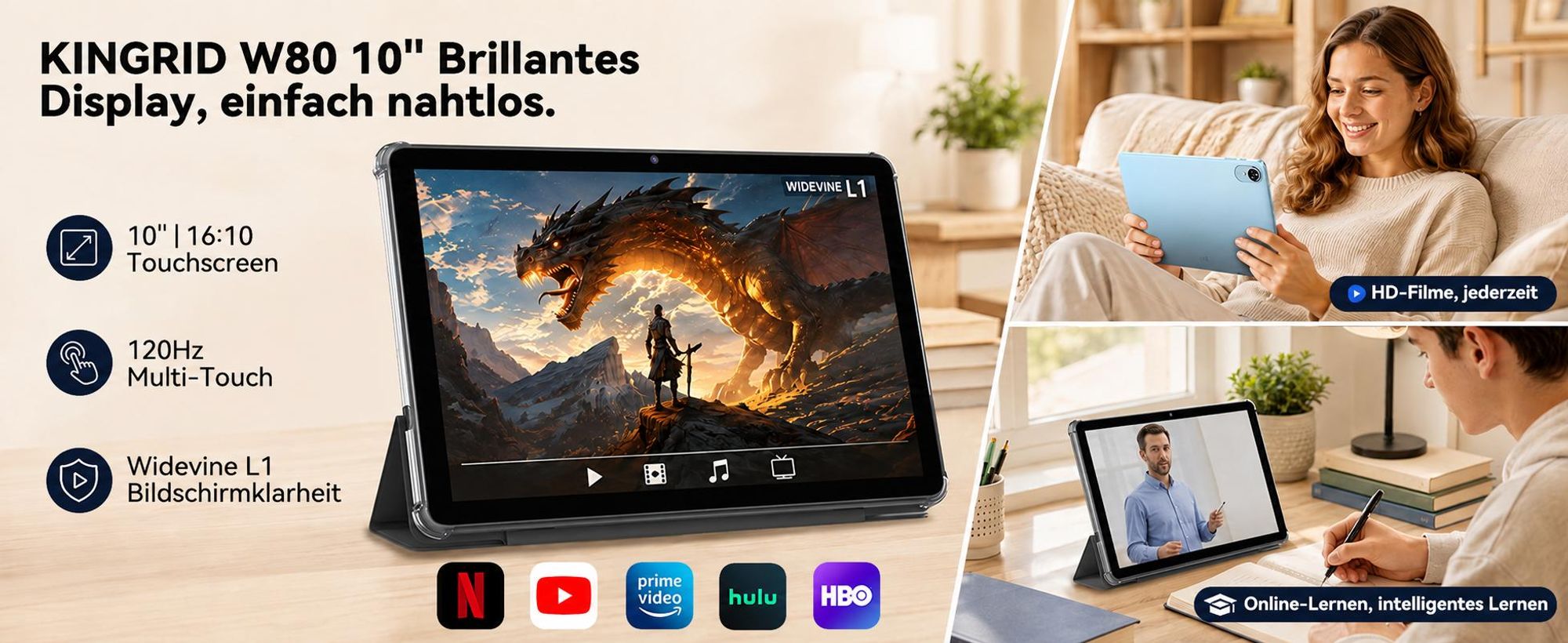 W80 10.1" 120Hz Tablet, 32+128GB/2TB, Android 16, 4G SIM+5G WIFI, Gemini AI 4.0, Widevine L1, 6000mAh, OTG, mit Tastatur/Maus/Stift/Schutzhülle Set