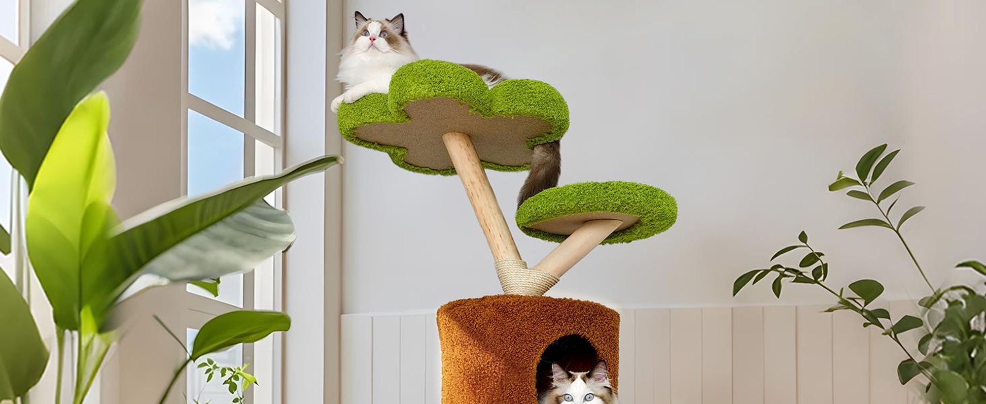 WISFOR Kratzbaum Holz, Katzenbaum mit Katzenhöhle, Plattformen, 148cm Katzenkratzbaum Katzenmöbel mit Aussichtsplattform, Grün+Braun