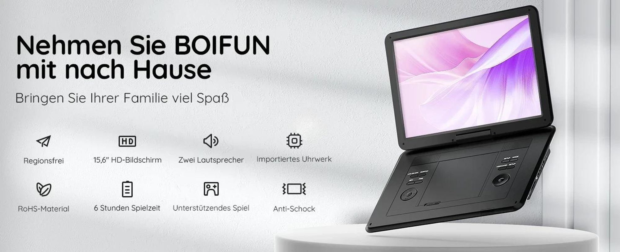17,5’’ Tragbarer DVD Player mit 15,6’’ HD Display, Unterstützung für USB/SD-Karte/AV-Übertragung, Sync TV/Projektor Bildschirm