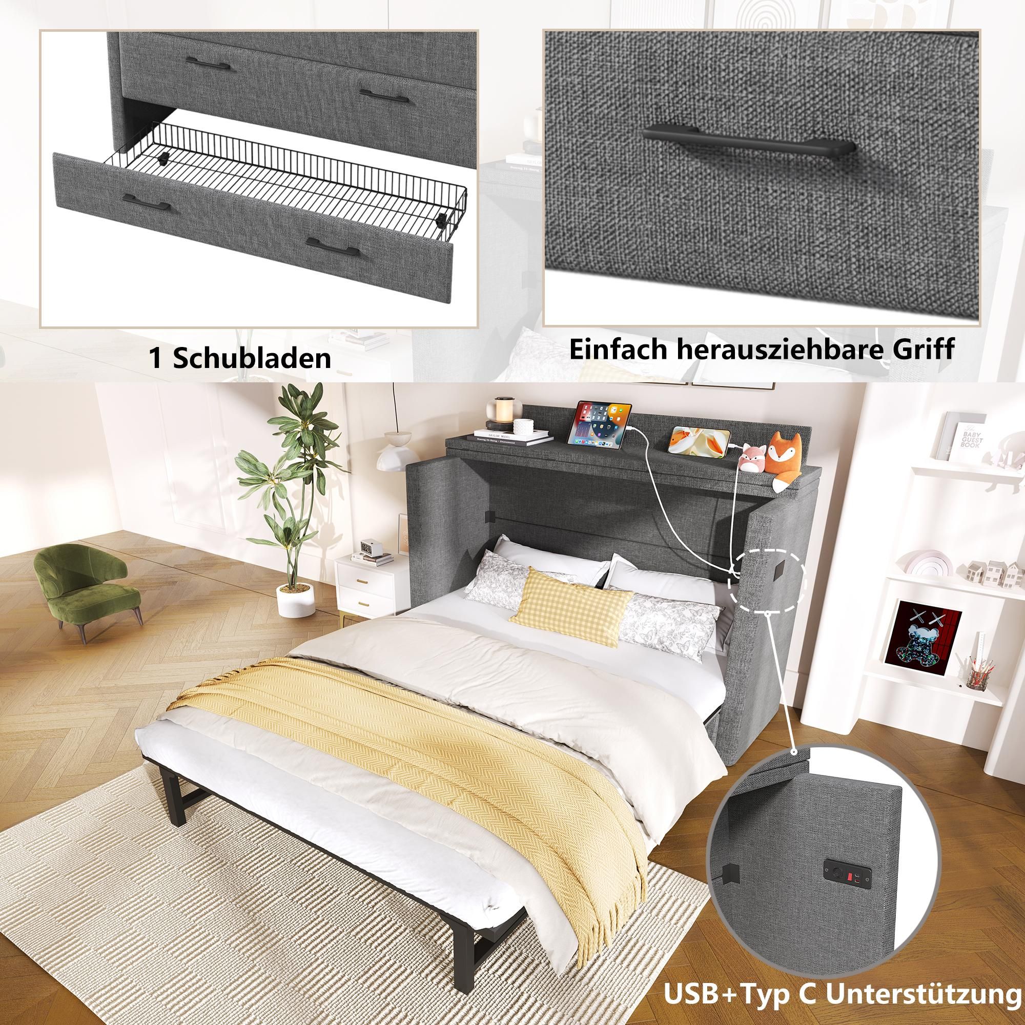Merax Schrankbett 140x200cm, Wandbett mit USB & Typ-C, 1 Schublade, Umbaubar und Mobil Klappbett, Wandklappbett, Plattformbett, Leinen, Grau