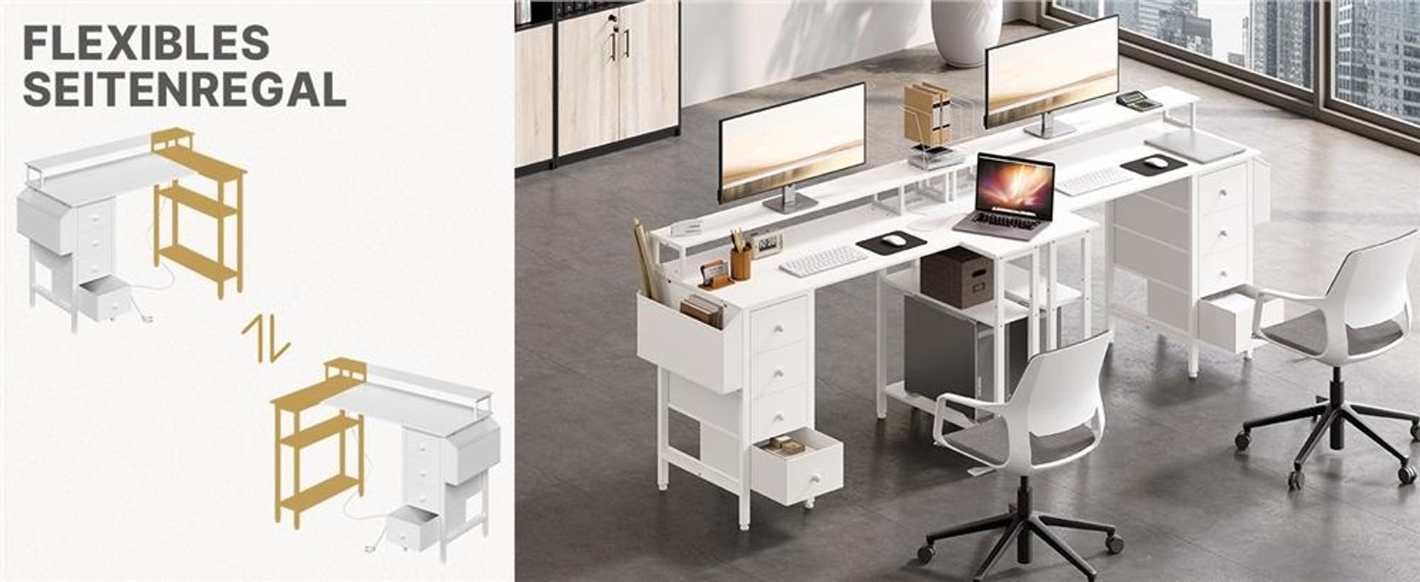 Yaheetech L-förmiger Computertisch, Schreibtisch mit Ladestation, umkehrbarer Gaming-Tisch, mit Monitorhalterung & Aufbewahrungstasche, Weiß