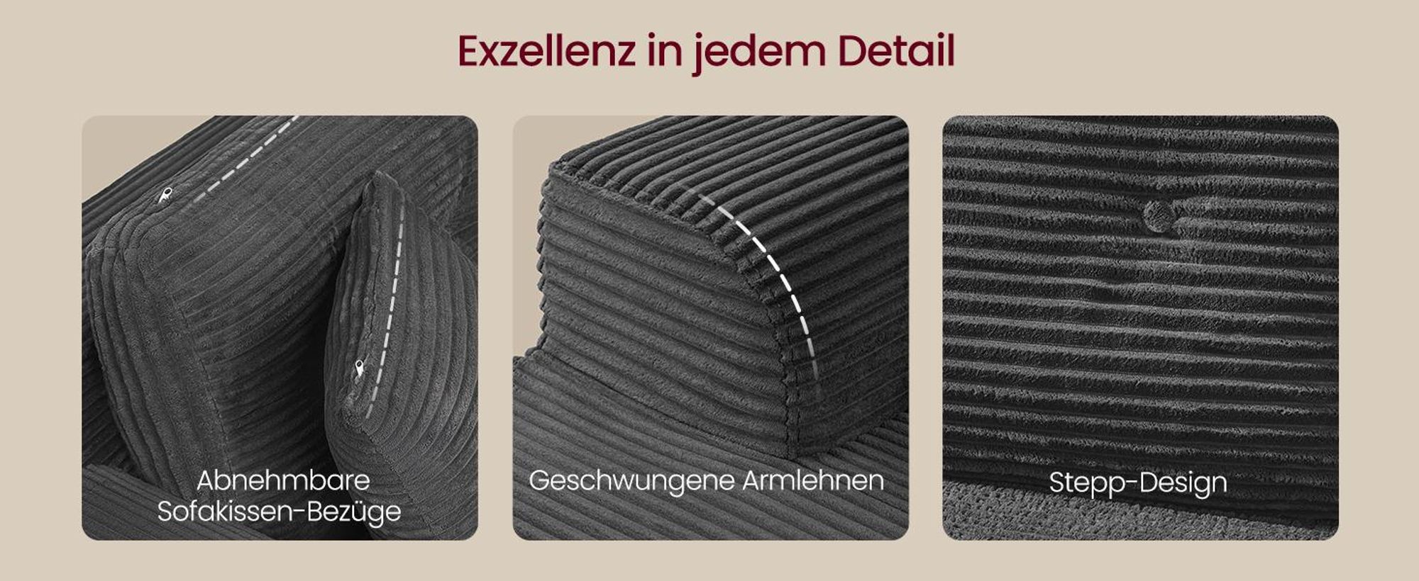 VASAGLE U-Form Sofa 6-Sitzer Modulares Cord Sofa mit Kissen 336 x 154 x 89 cm Grau