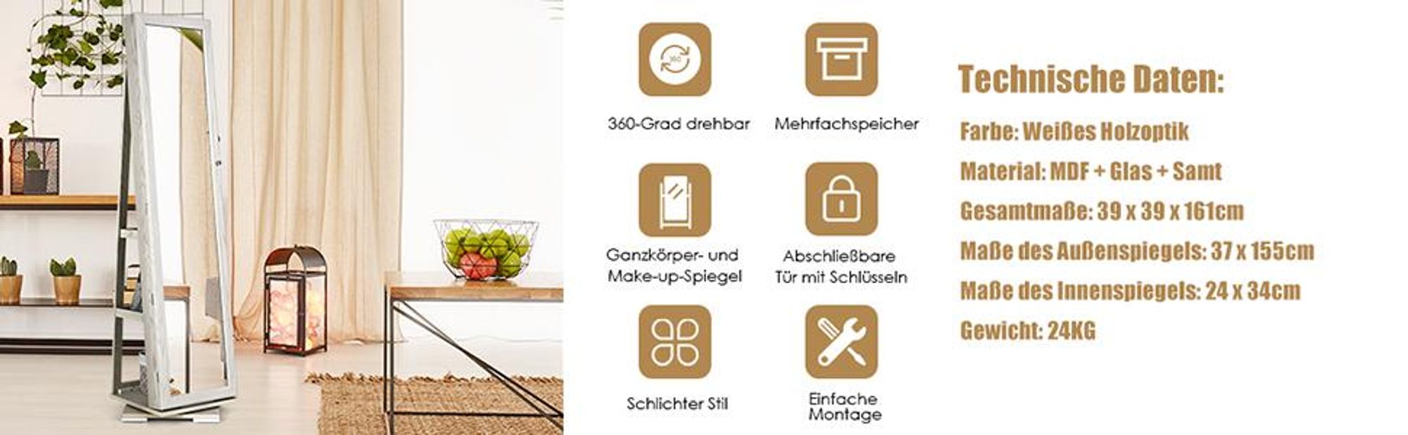 COSTWAY Schmuckschrank, Spiegelschrank mit Ganzkörperspiegel & eingebauter Make-up-Spiegel, 360° drehbar, abschließbar, Schmuck-Organizer Weiß