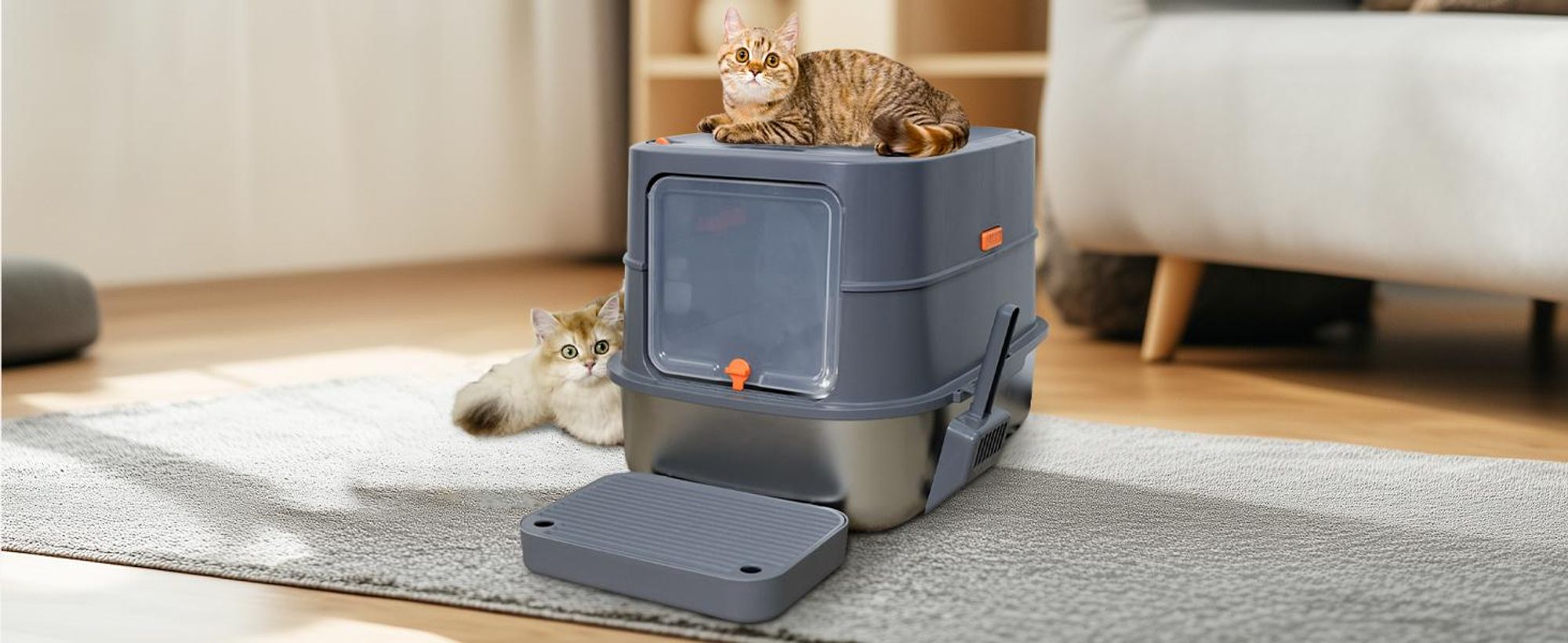WISFOR Edelstahl Katzentoilette EXTRA Groß Katzenklo mit Deckel Schaufel, Haubentoilette, 58 x 42 x 42 cm