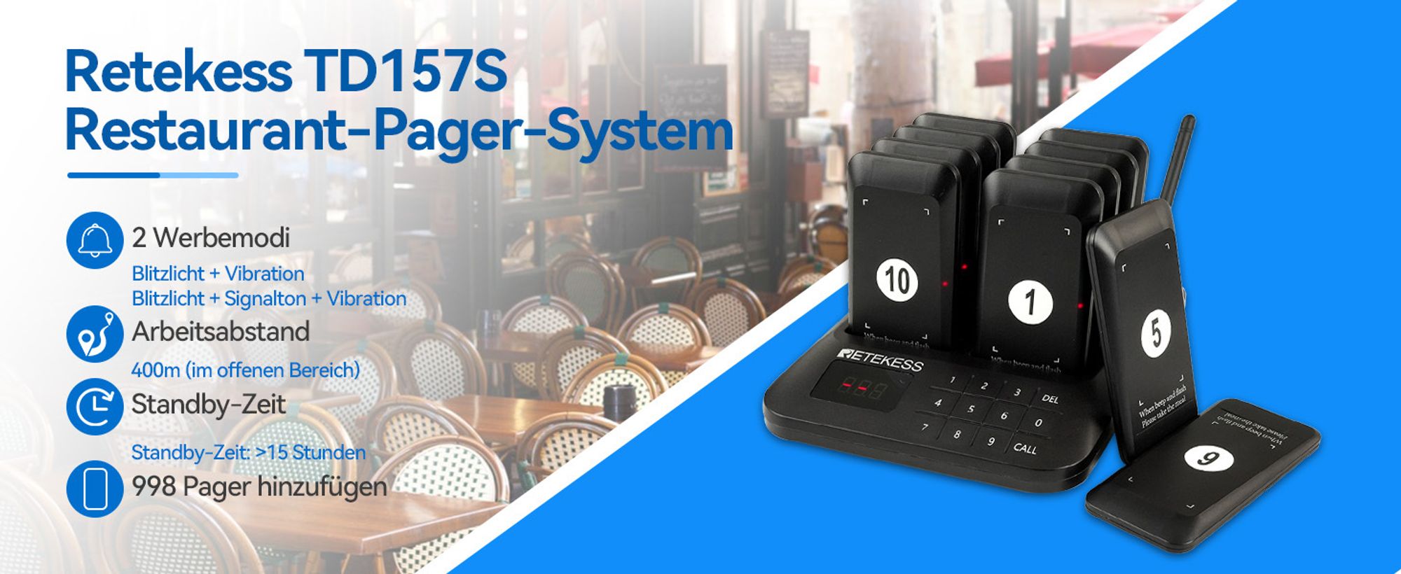 Retekess TD157S Pager Rufsystem, Restaurant Pager, 400m, 200mAh, Geeignet für Fast Food Restaurant, Food Truck, Krankenhäuser, Kompatibel mit TD157