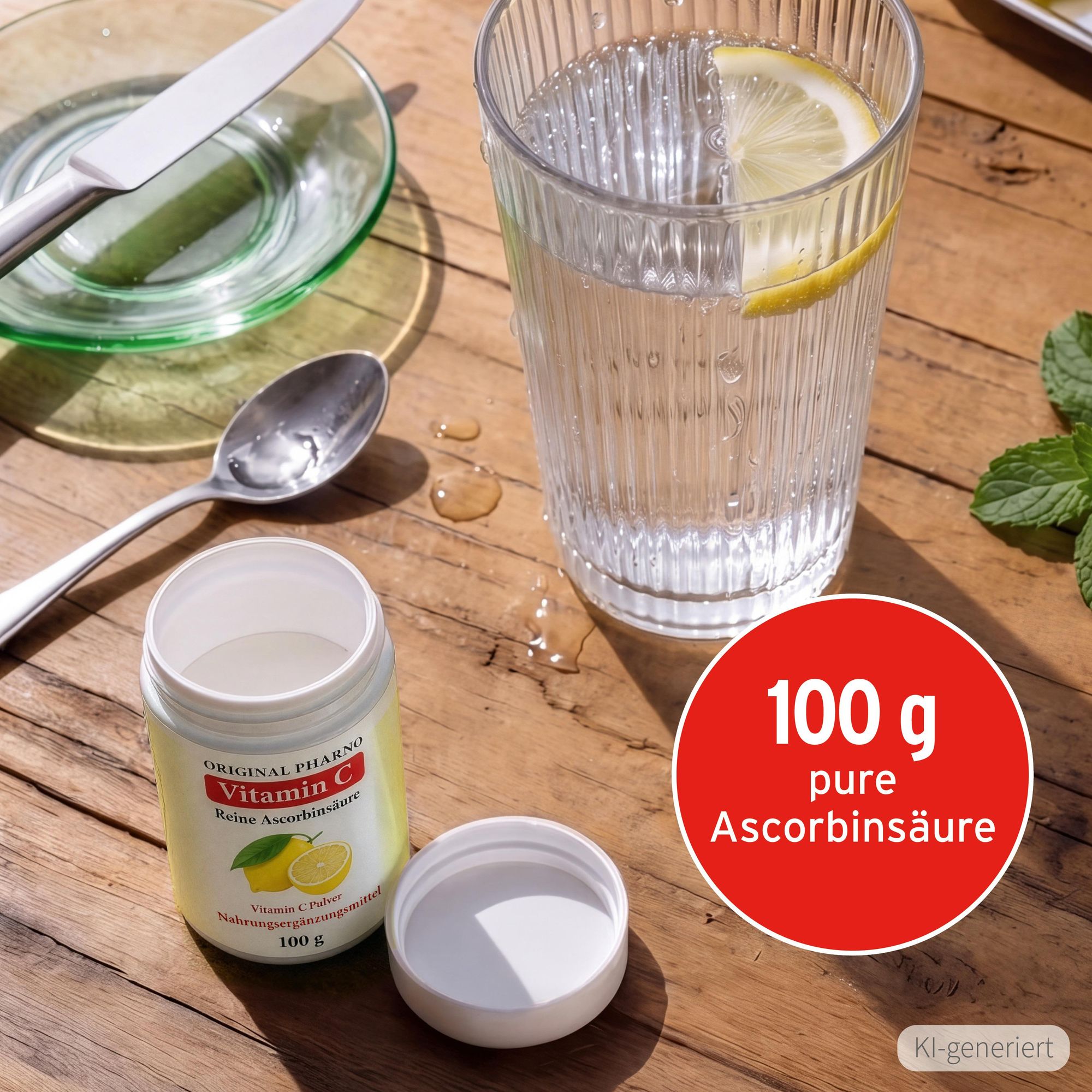 Geöffnete Vitamin C Pulver Dose 100 g auf Holztisch mit Wasserglas, Zitrone und Löffel