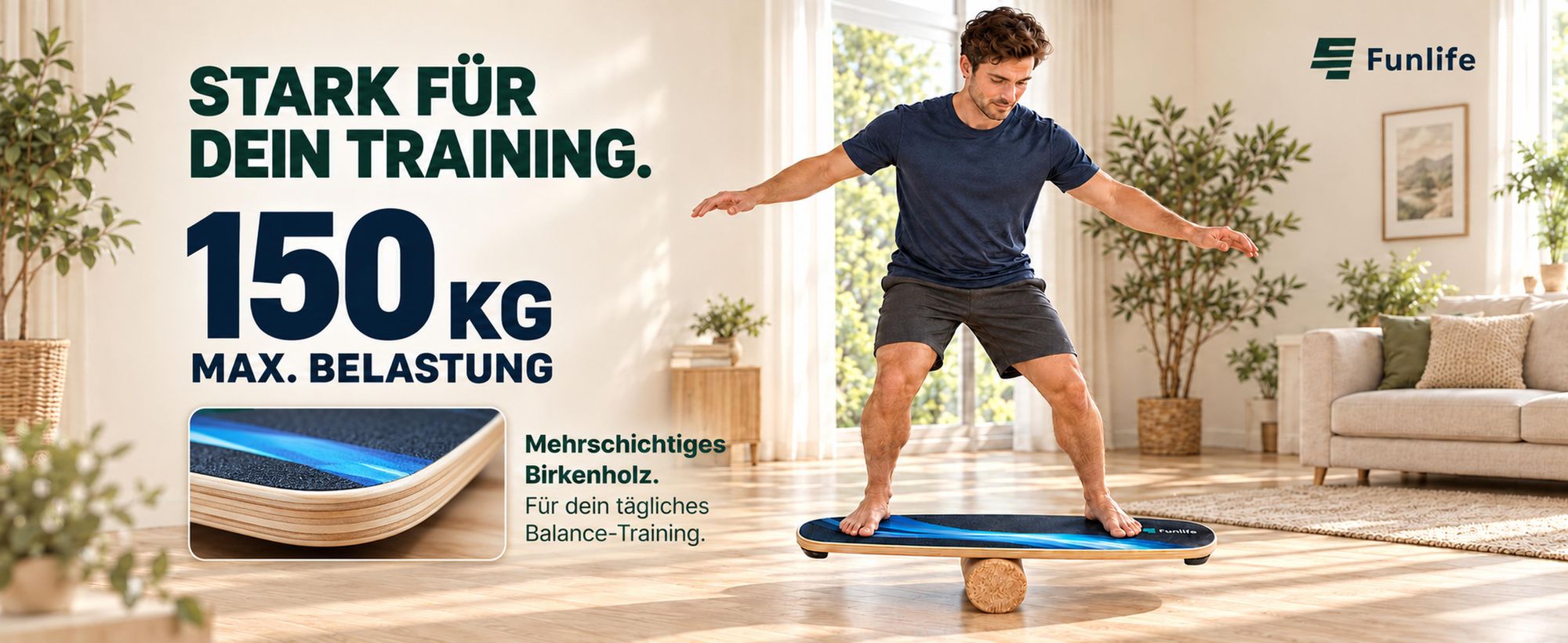FunLife MOVE Balance Board Holz mit Rolle – Profi Gleichgewichtstrainer mit 3-stufigem Balance System, Core Training, Fitness & Stabilität, bis 150 kg