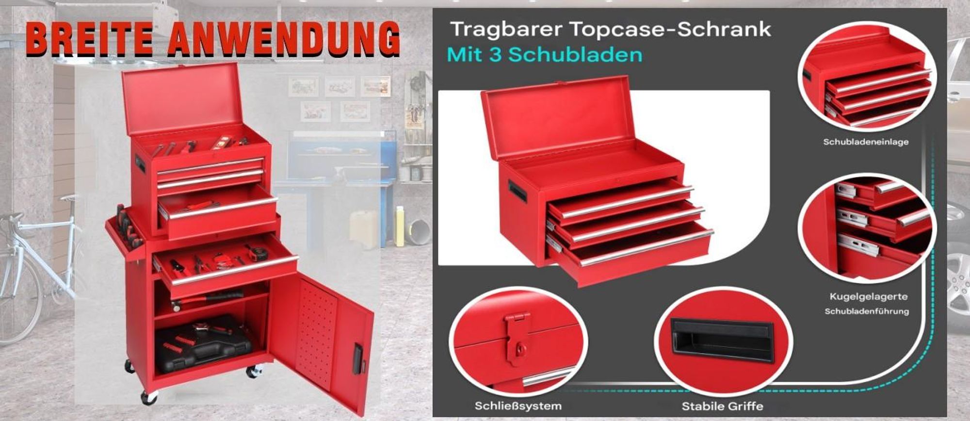 FCH Werkzeugschrank aus Metall, Kombi-Rollschrank mit tragbaren Werkzeugkästen, mobiler Werkstattwagen mit 4 Schubladen (rot)