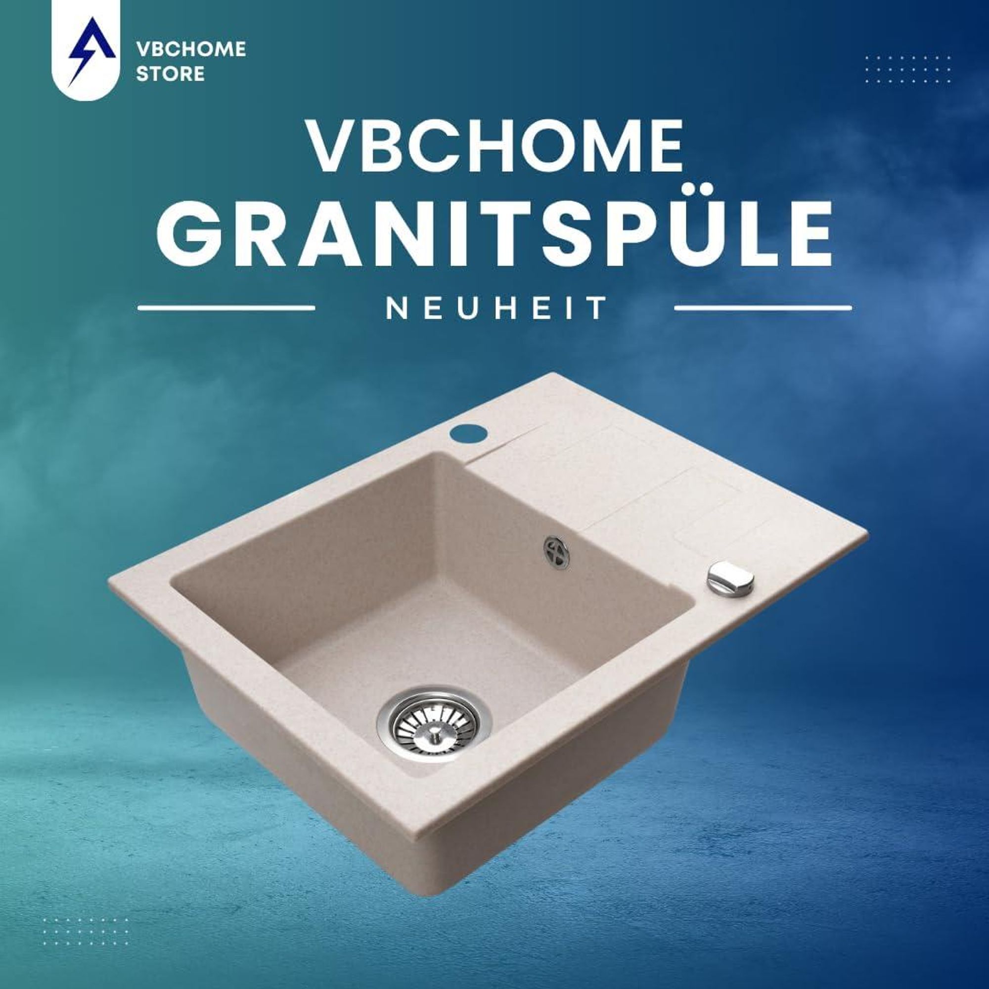 VBChome Granitspüle 59 x 44 cm Beige Einzelbecken Einbauspüle Reversibel Gesprenkelt Pflegeleichtes Spülbecken mit Siphon Ideal für kleine Küchen