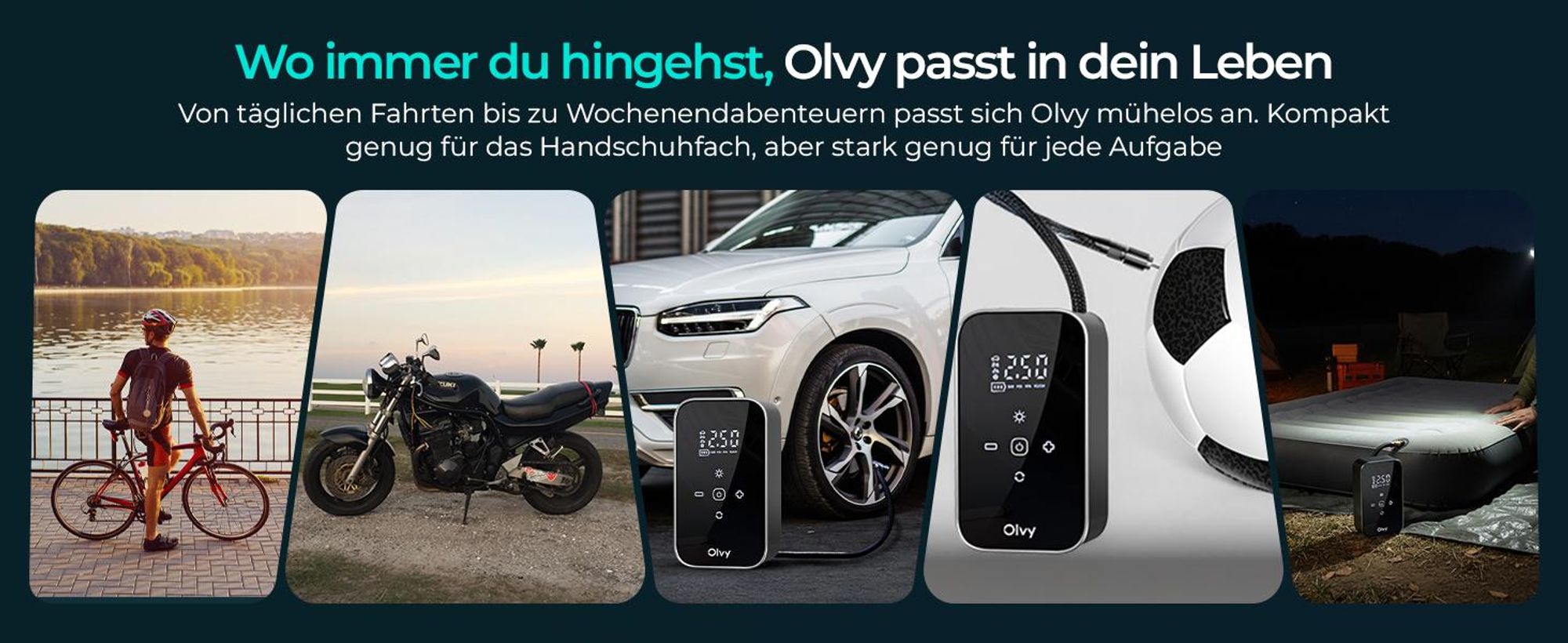 Olvy Elektrische Luftpumpe mit Powerbank 6000 mAh – 12V Mini Kompressor für Auto, Fahrrad, Bälle, Luftmatratze, Display, LED, automatische Abschaltung