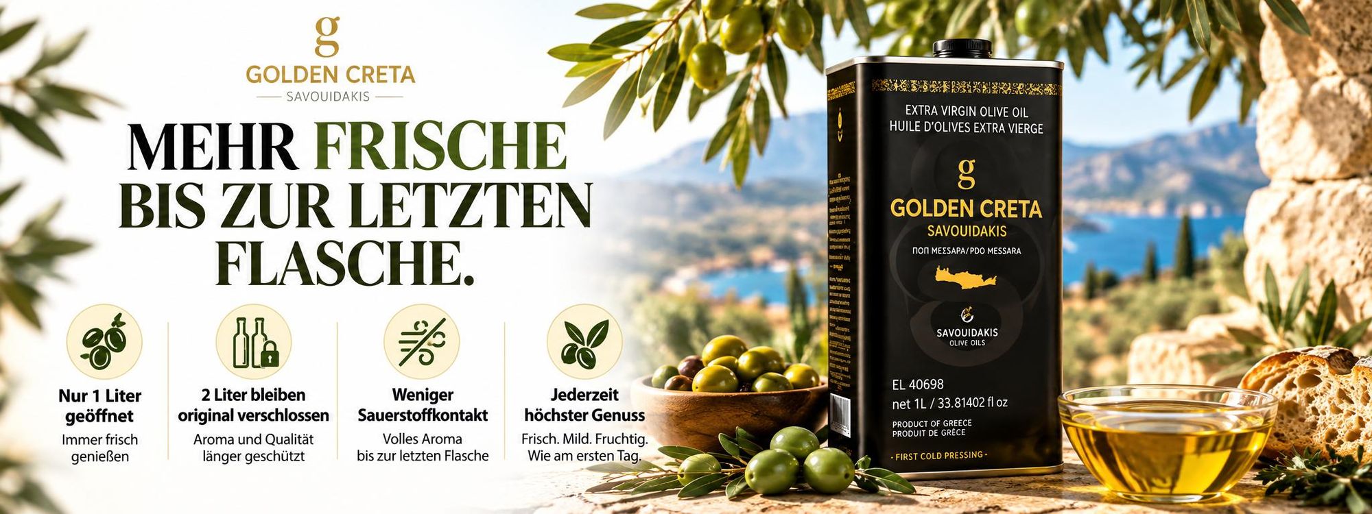 Golden Creta Olivenöl Extra Nativ 3×1L – 100 % Koroneiki aus Kreta FRISCHE