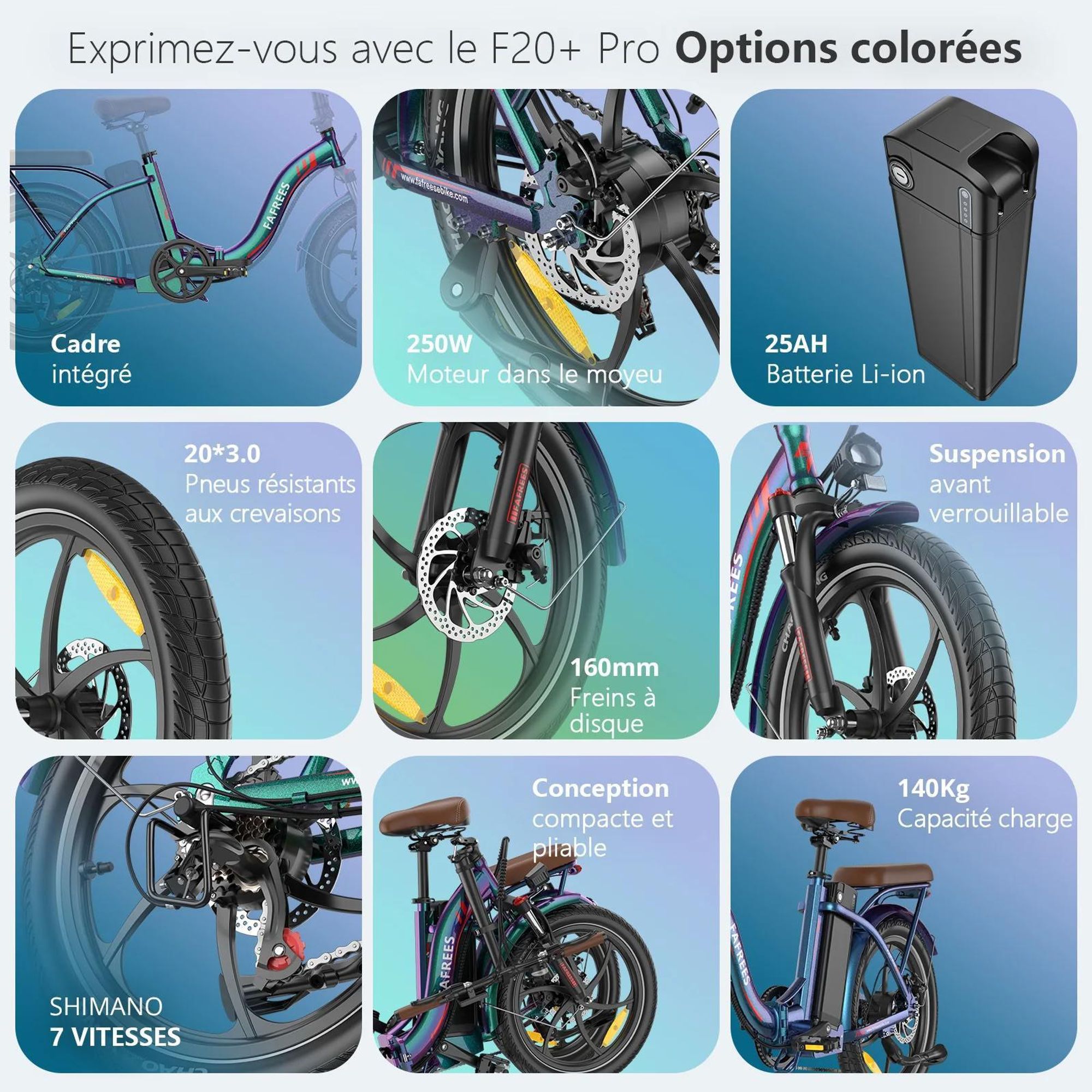 Vélo Électrique FAFREES F20+ Pro - Moteur 250W Batterie 36V25Ah 20'' Pneus Freins À Disque Mécaniques - Bleu Aurore