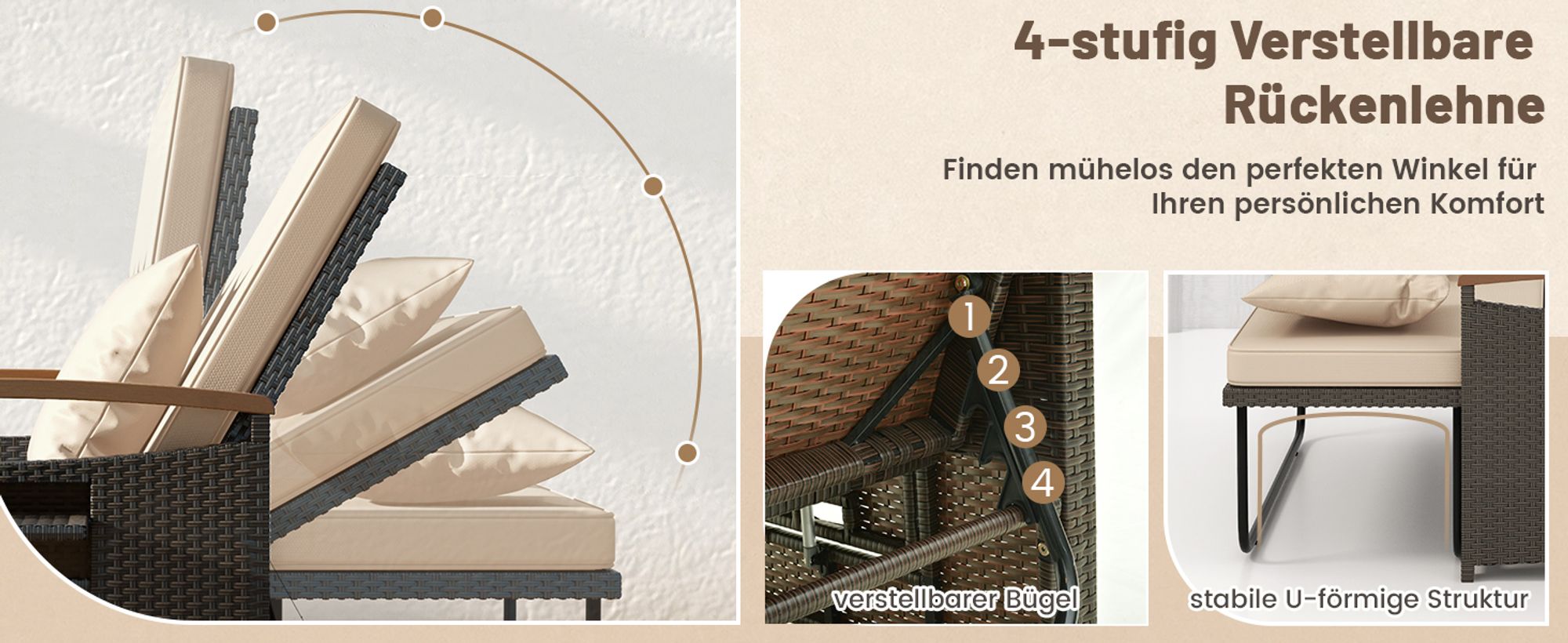 Rattan Lounge Möbel Outdoor, Gartenlounge 2 Sitzer mit Liegefunktion, Gartensofa-Set mit Hocker, Doppelliege mit Stauraum