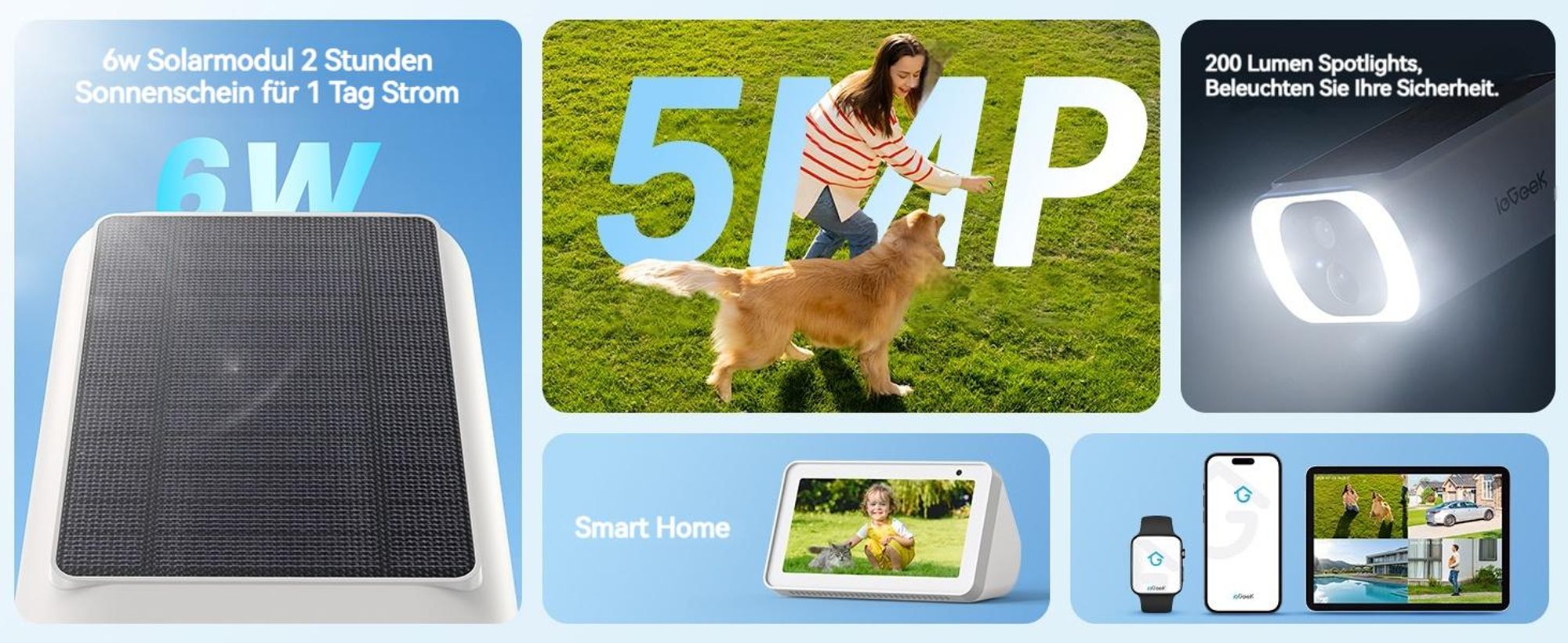 5MP FHD Überwachungskamera Aussen Akku mit Solarpanel Kabellose Farbnachtsicht