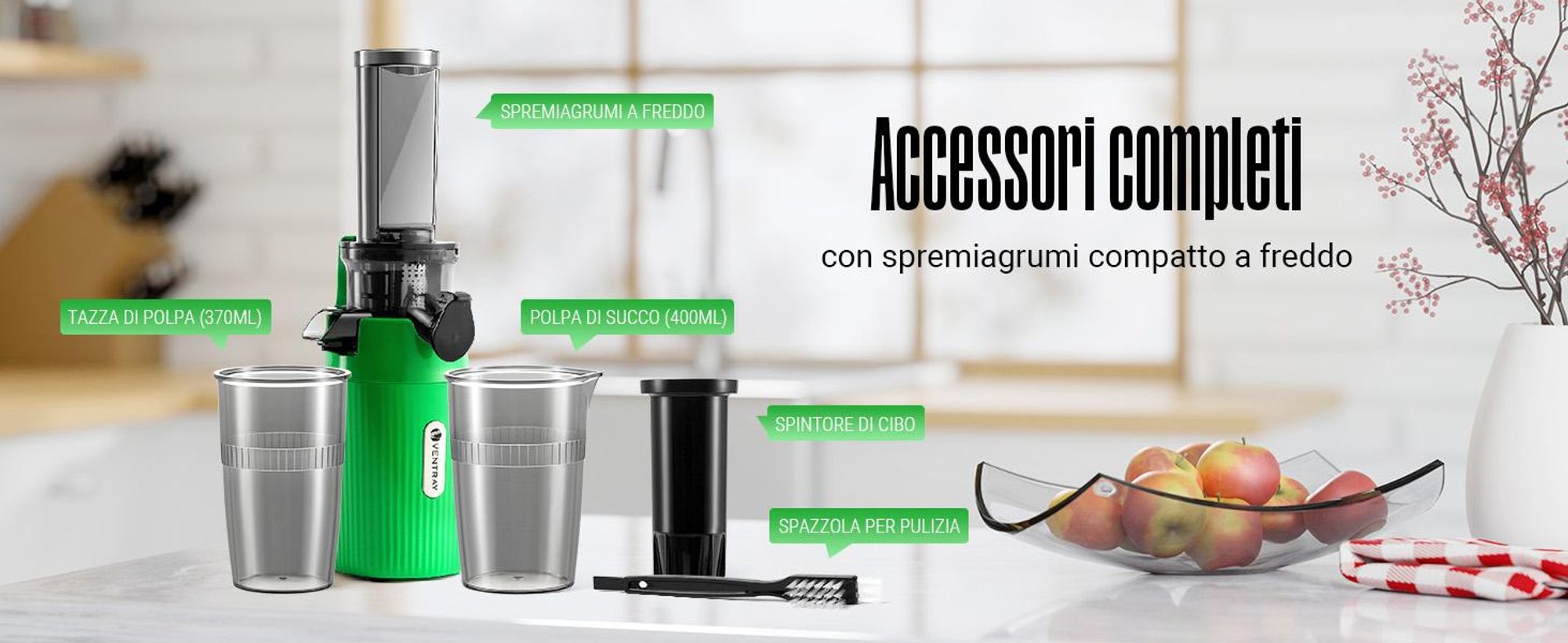 Ventray Essential Ginnie Juicer - Spremiagrumi lento a pressione fredda, compatto e silenzioso (60 giri/min, apertura di alimentazione 45 mm), senza BPA, tappo di sicurezza, 400 ml
