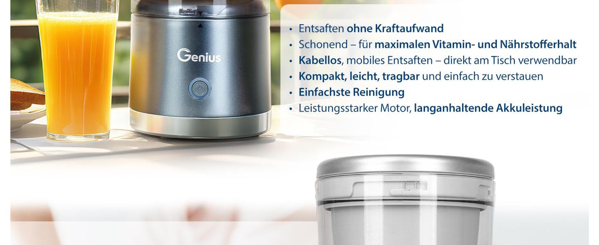 Genius Akku Zitruspresse by Nicer Dicer 6 tlg, elektrische Saftpresse, Orangenpresse Entsafter, Akkulaufzeit bis 25 Min, 45 W, Auffangbehälter 200 ML