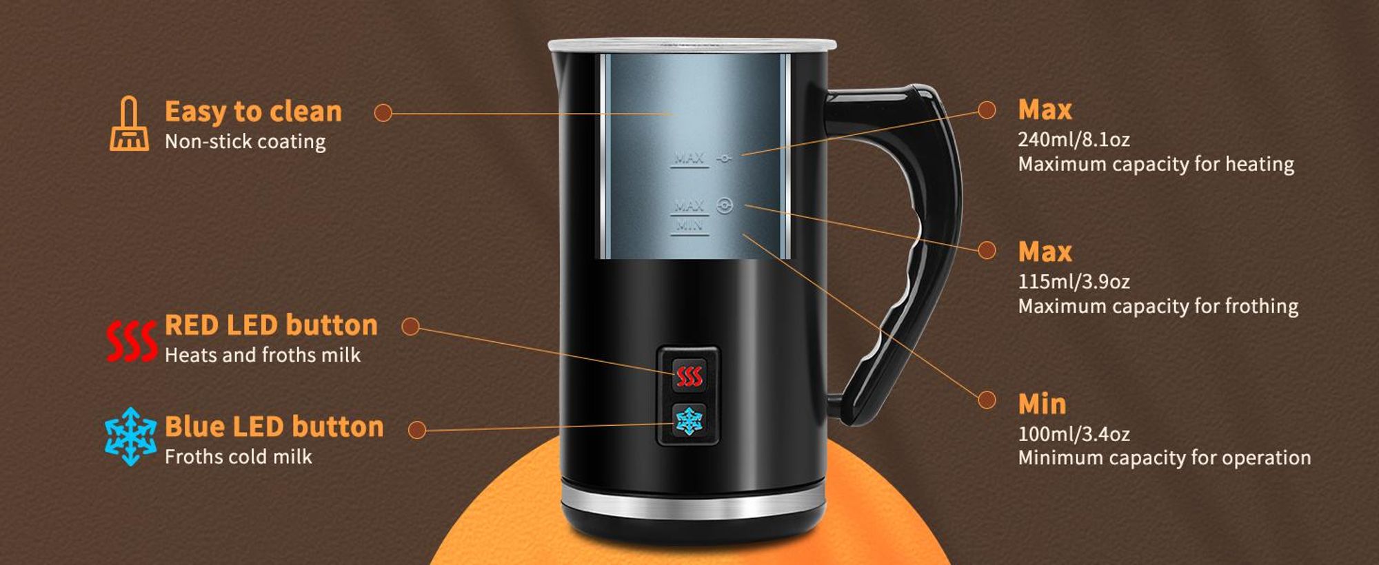 Aigostar - Milchaufschäumer Elektrisch mit 3 Modi, heißer & kalter Milchschaum, 500W, 240ml, Milch Frother für Cappuccino, Latte, Mokka, Macchiato