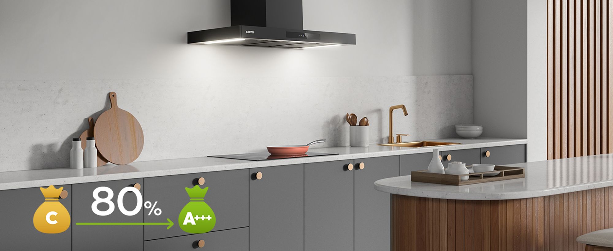 CIARRA A+++ 650 m³/h odsavač par 90cm nástěnný odsavač par WIFI +APP & Touch Control Boost VMB9102P