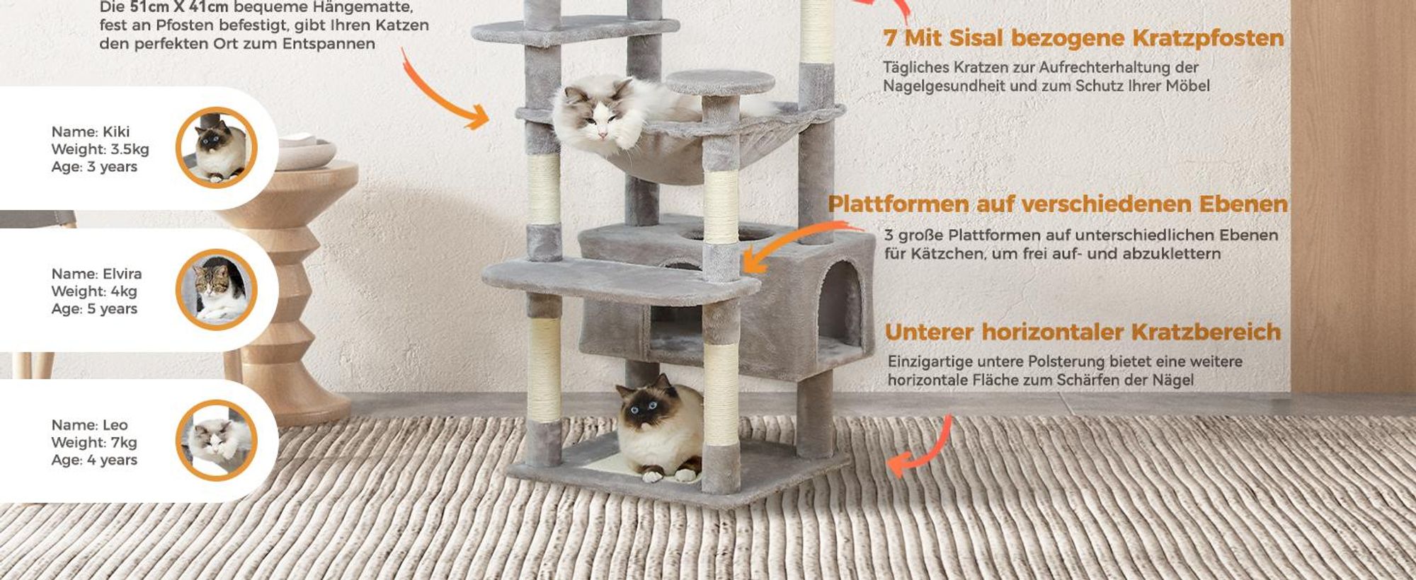 PAWZ Road Kratzbaum Grosse Katzen Stabil, 184 cm Grau