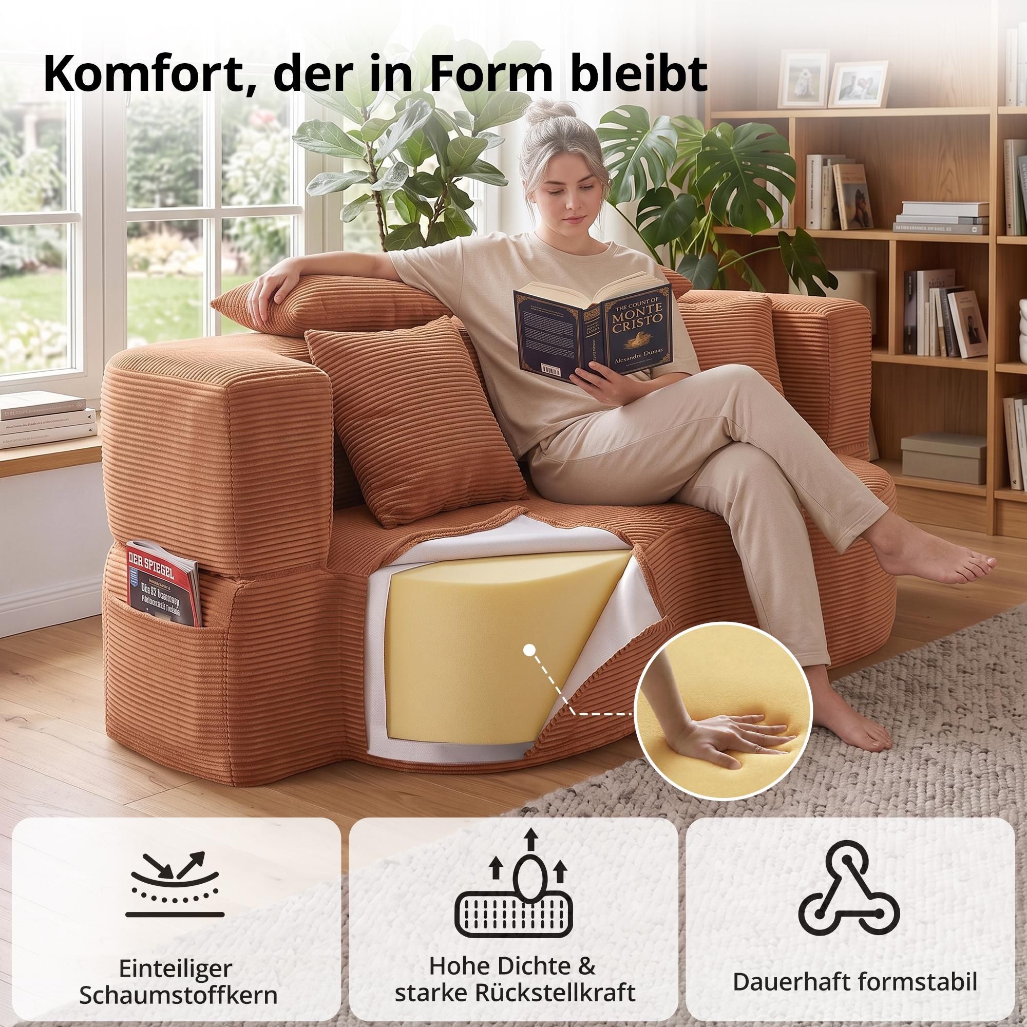 2-in-1 Cord Schlafsofa, modulares Bodensofa mit Kissen, 196 x 109 cm