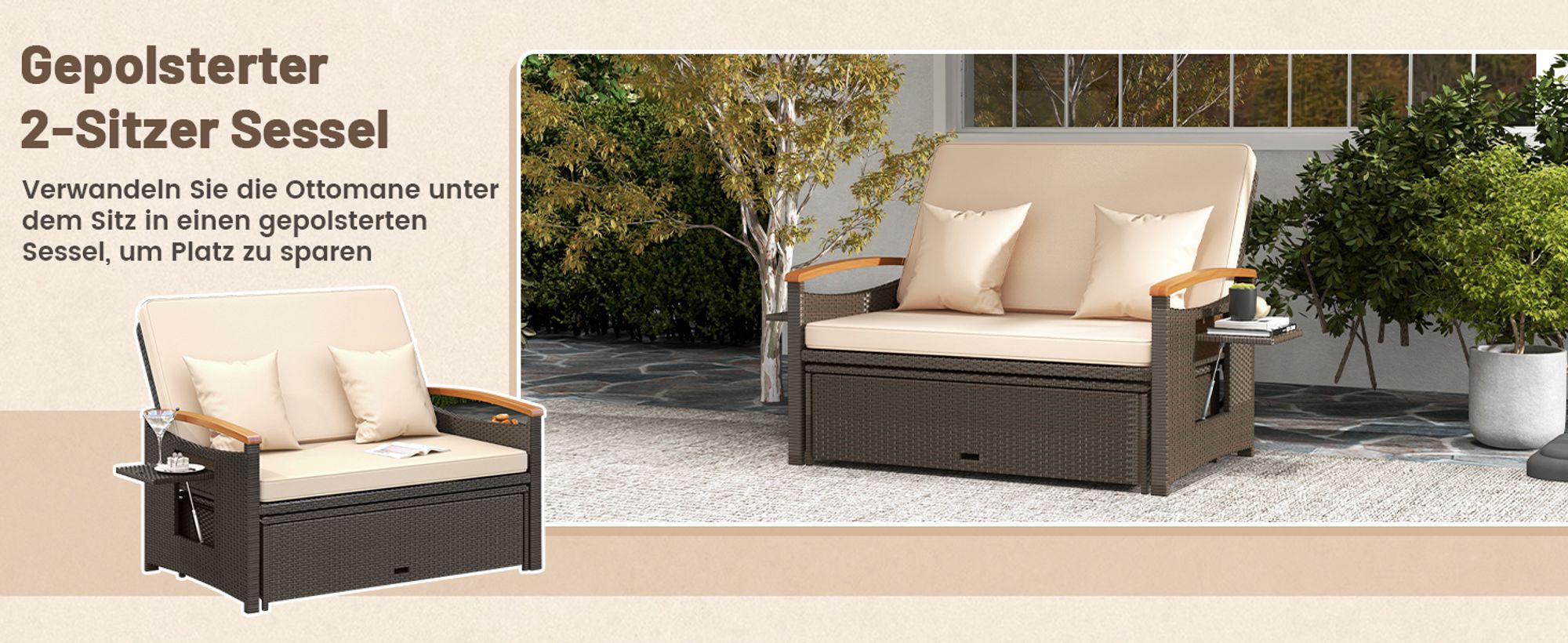 Rattan Lounge Möbel Outdoor, Gartenlounge 2 Sitzer mit Liegefunktion, Gartensofa-Set mit Hocker, Doppelliege mit Stauraum