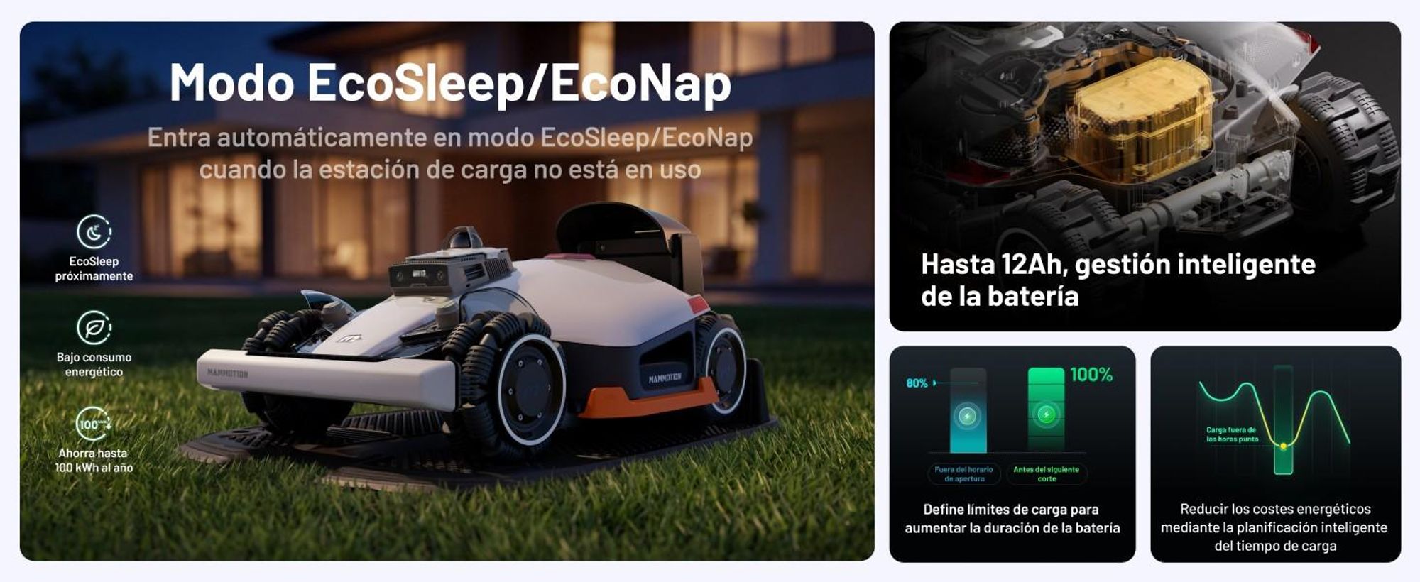Cortacésped robótico Mammotion LUBA 3 AWD 3000 con garaje y soporte de lavado, para 3000 m², tracción en las cuatro ruedas, mapeo-auto, 4G, APP