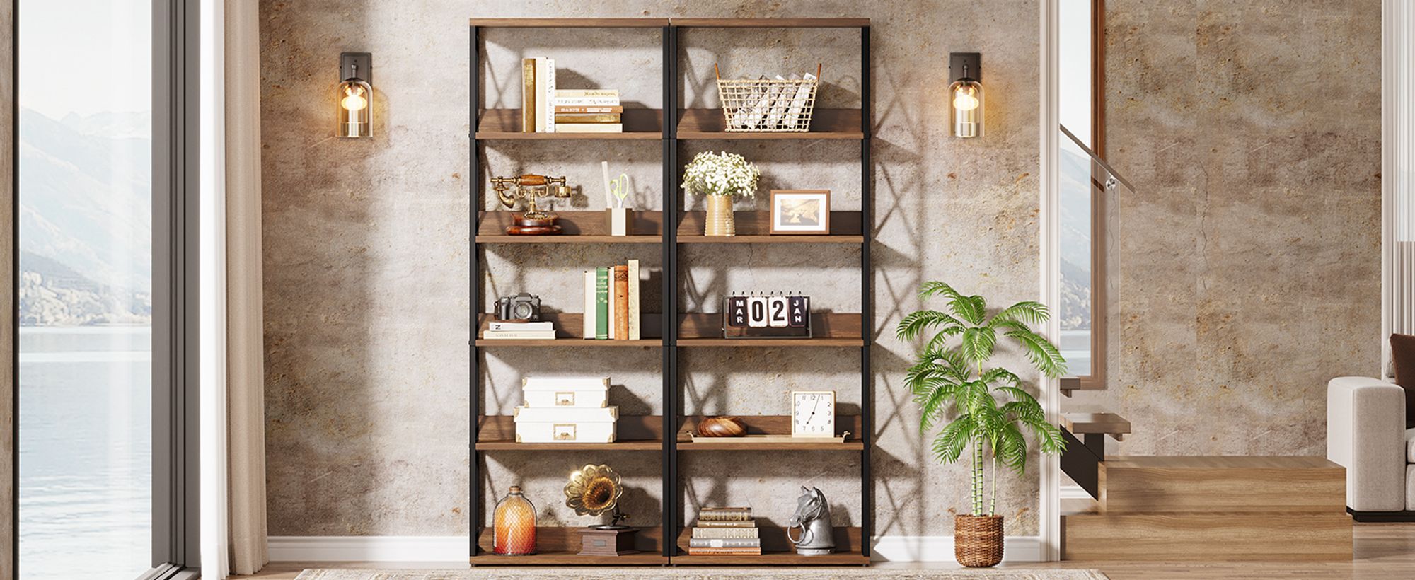 Tribesigns Bücherregal im Industriestil, 178 cm hoch, 6-stöckig mit offenen Regalen, Vintage-Stil, ideal für Zuhause, Büro, Braun und Schwarz