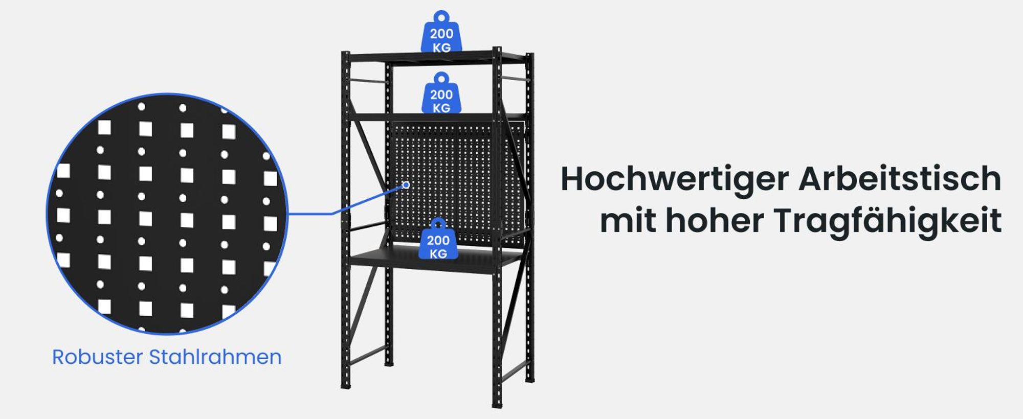 FLEXISPOT Werkbank aus Stahl, Arbeitstisch mit Lochwänden und oberer Ablage, Lagerregal bis 200 kg, für Werkstatt, Lager, Büro und Haushalt (Schwarz)