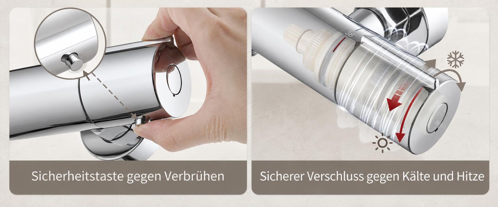 Duscharmatur mit Thermostat Chrom Mischbatterie Dusche mit 38°C Sicherheitstaste Duschthermostat Armatur Edelstahl Duscharmaturen Brausethermostat