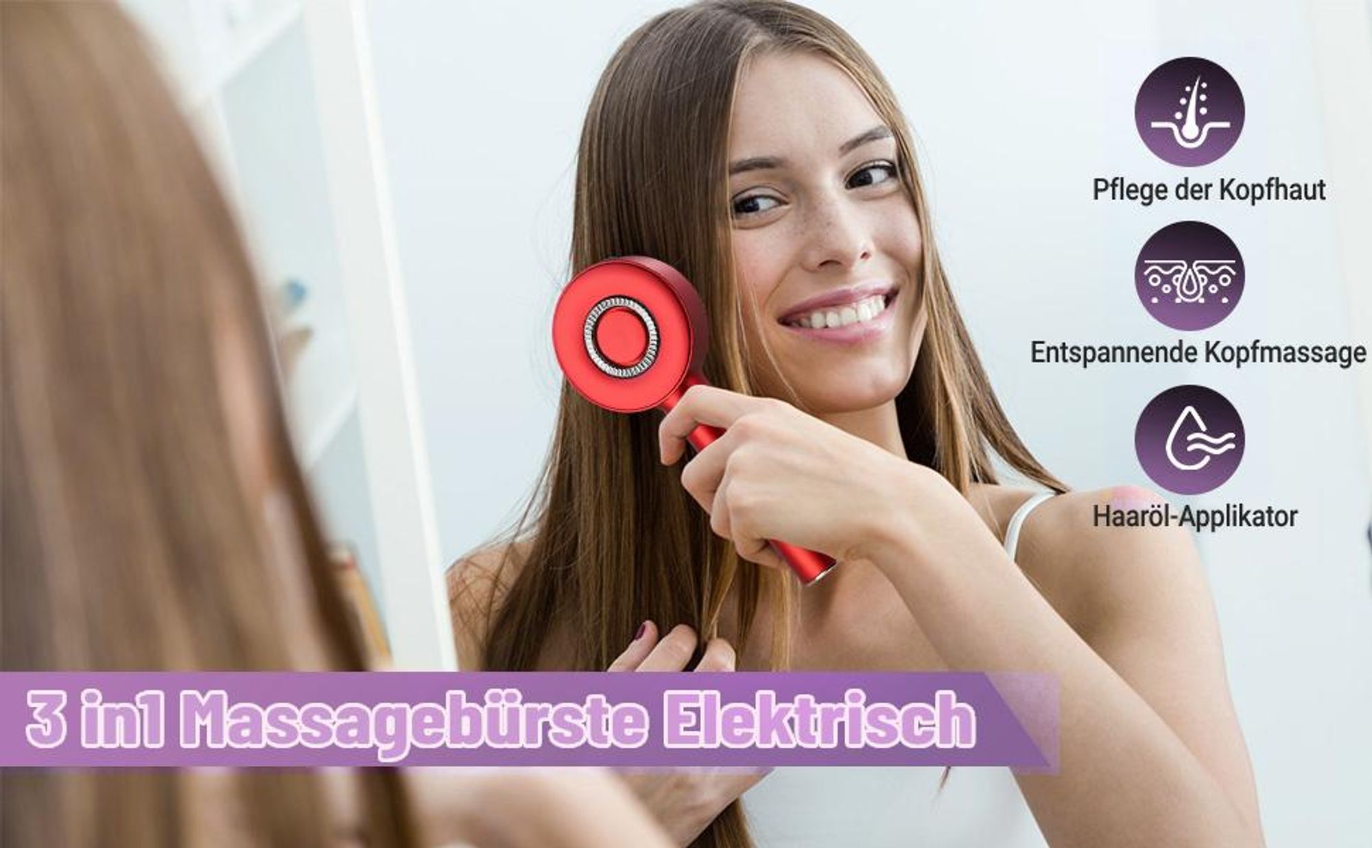 Elektrischer Kopfmassagegeräte, Haarbürste, Kopfhaut Massagebürste, Rotlicht Haarmassagebürste, 3 Modi, Ölspender für Haare, 360° Knetmassage