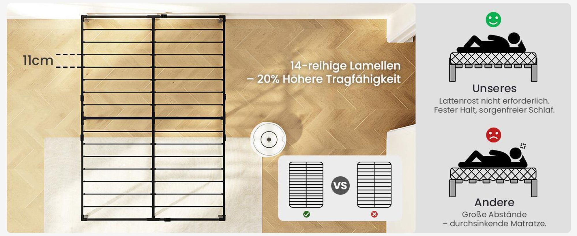 Bett 160 x 200 cm, Bettgestell mit Stauraum, Modernes Doppelbett KUTAS, Metallbett mit 14 Reihen Metalllamellen, Industriestil, bis 480 kg, Schwarz