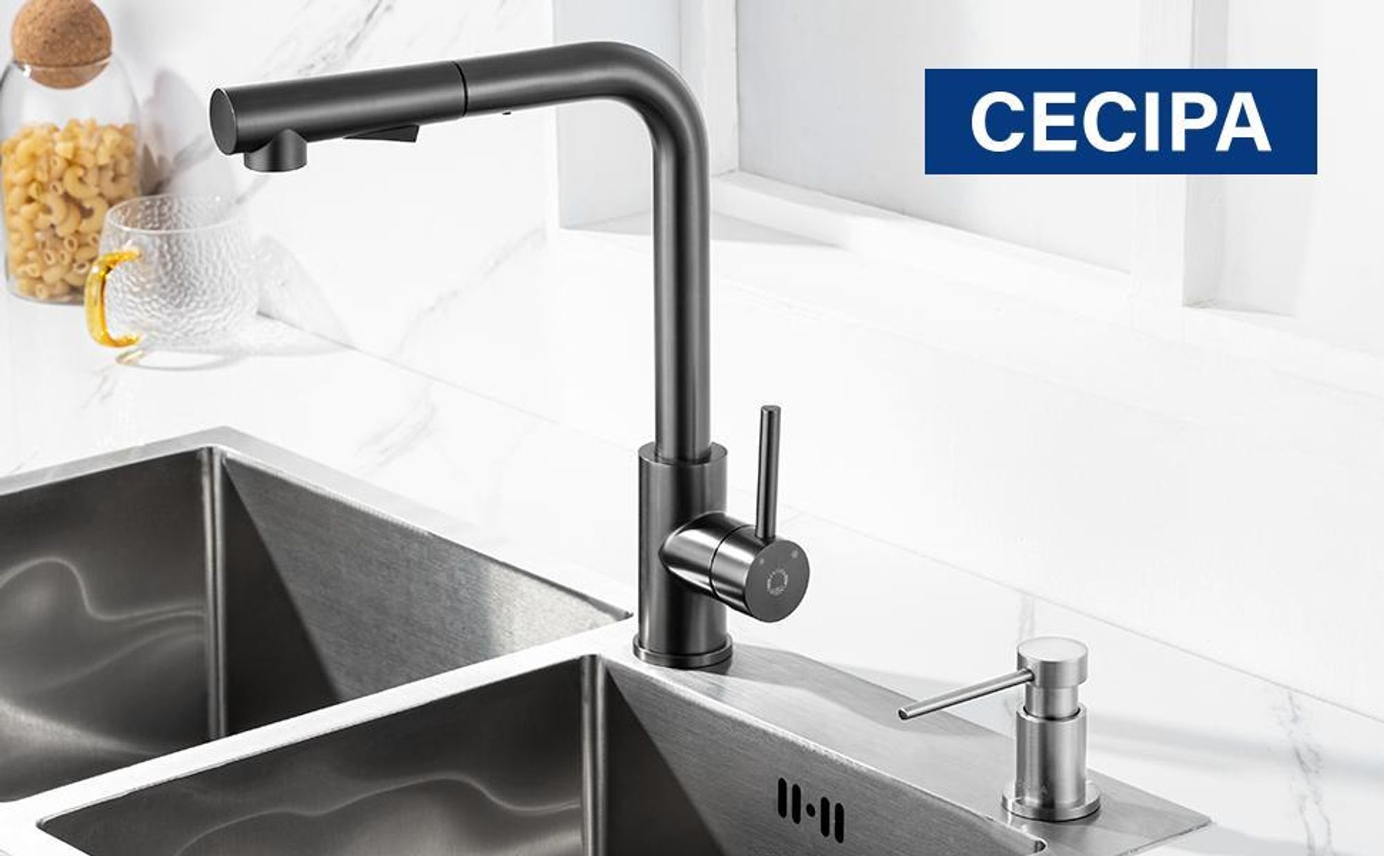 CECIPA 300ML Einbau-Seifenspender – 360° drehbar, mit Verlängerungsschlauch | Seifenspender & Seifenschalen für Küche & Spüle
