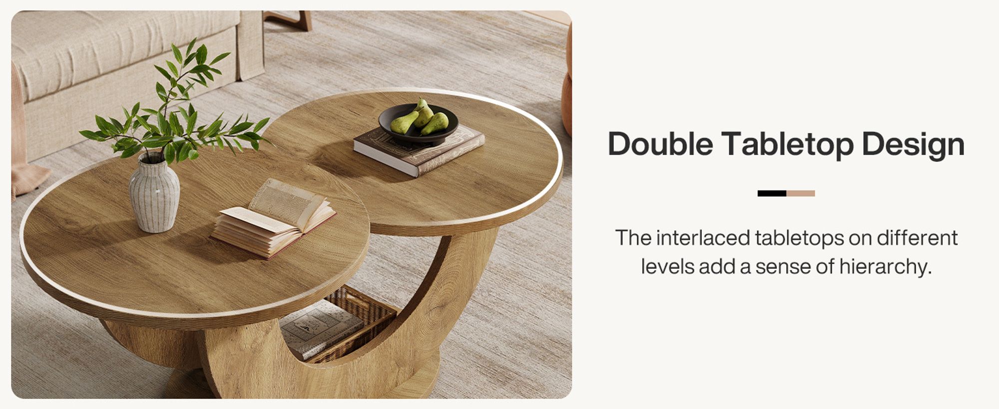 Tribesigns Runde Couchtisch, 2-Tier Couchtisch mit U-förmigen Rahmen, Moderne Akzent Mitte Tisch Sofa Beistelltisch für Wohnzimmer, Home Office, Natur