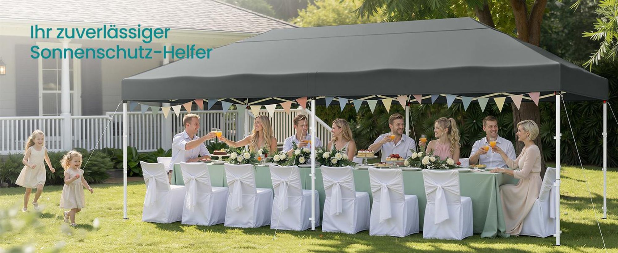 SONGMICS Faltzelt 6 x 3 m, mit Seitenwänden, stabil, tragbar, Pavillon für Garten, Hof, Party, Sonnenschutz, grau
