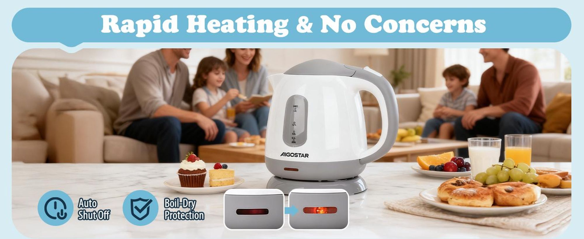 Aigostar 30HIO Schnurloser Wasserkocher, Kunststoffgehäuse, 1 l FÃ1/4llmenge, 1100 Watt, 360° Sockel, Trockengehschutz, Kalkfilter, Abschaltautomatik