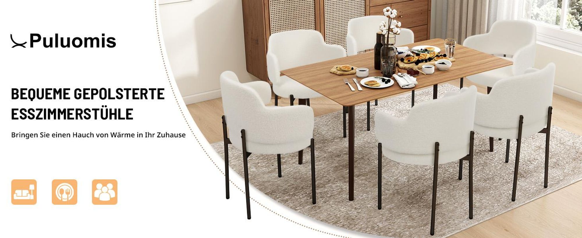Puluomis Esszimmerstühle 4er Set Küchenstühle Küchenstühle Polsterstuhl mit gebogene Rücklehne und Armlehne, Boucle weiß