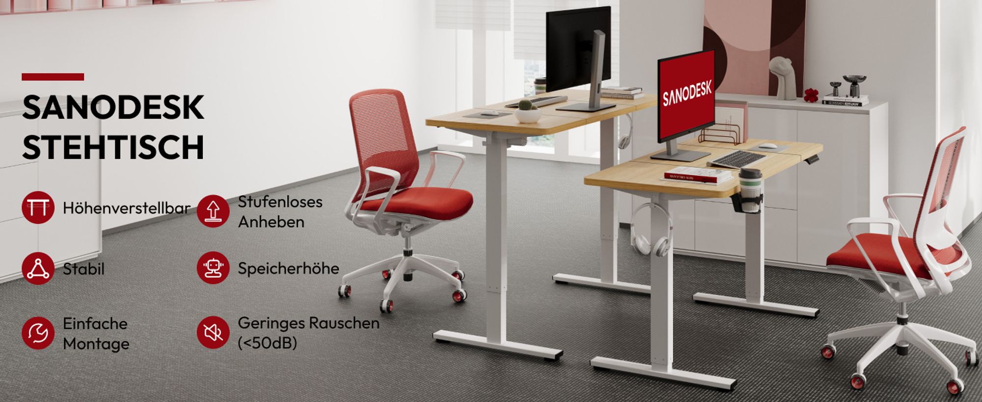 SANODESK Höhenverstellbarer Schreibtisch elektrisch 4 Memory-Funktion, Antikollisionsschutz, 70kg Tragkraft, mit Haken und Ablagebox 110x54cm (Ahorn)