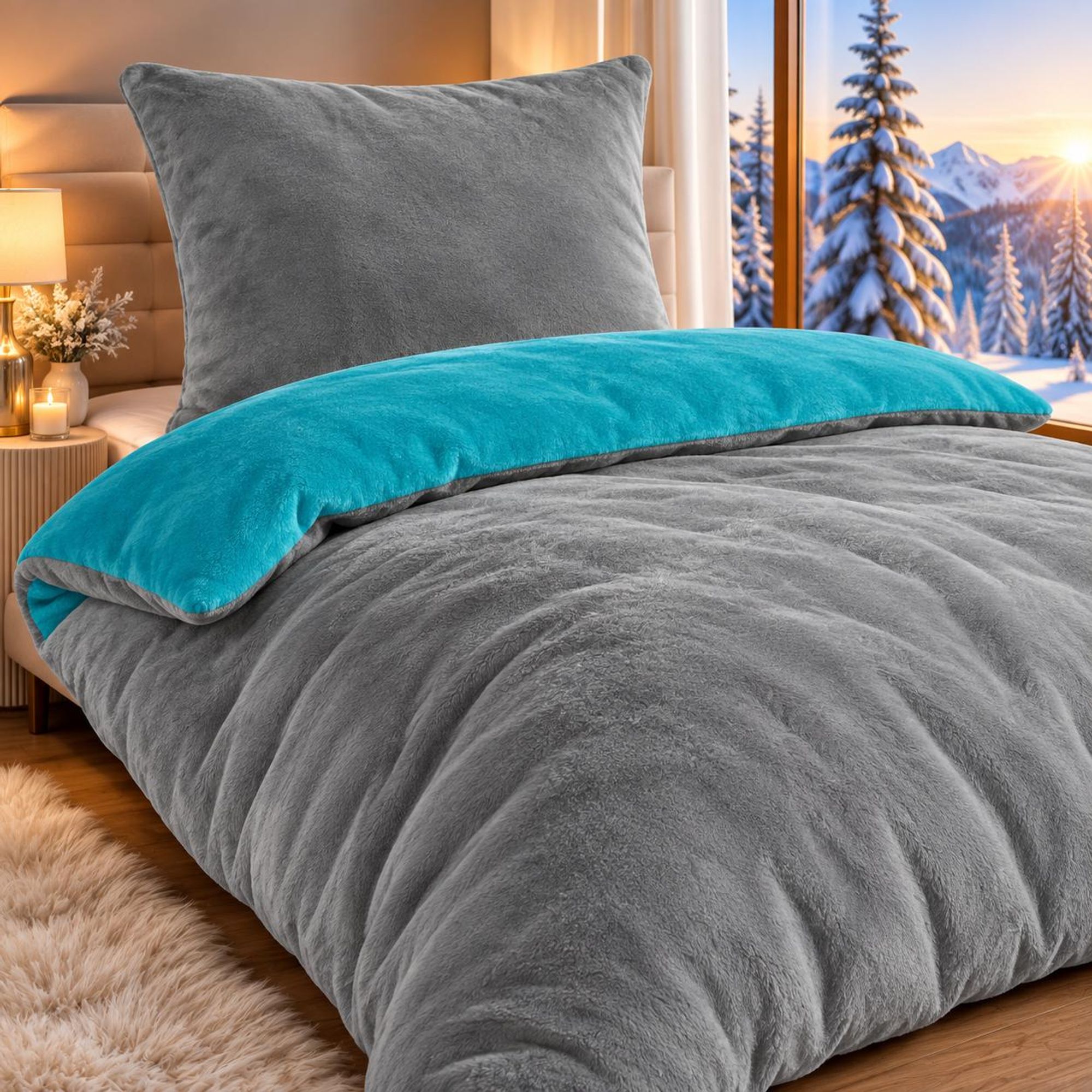 Bettwäsche Winter Flausch Cashmere Touch Uni Wende warm 2 teilig 135x200 mit RV Farbe Anthrazit / Türkis