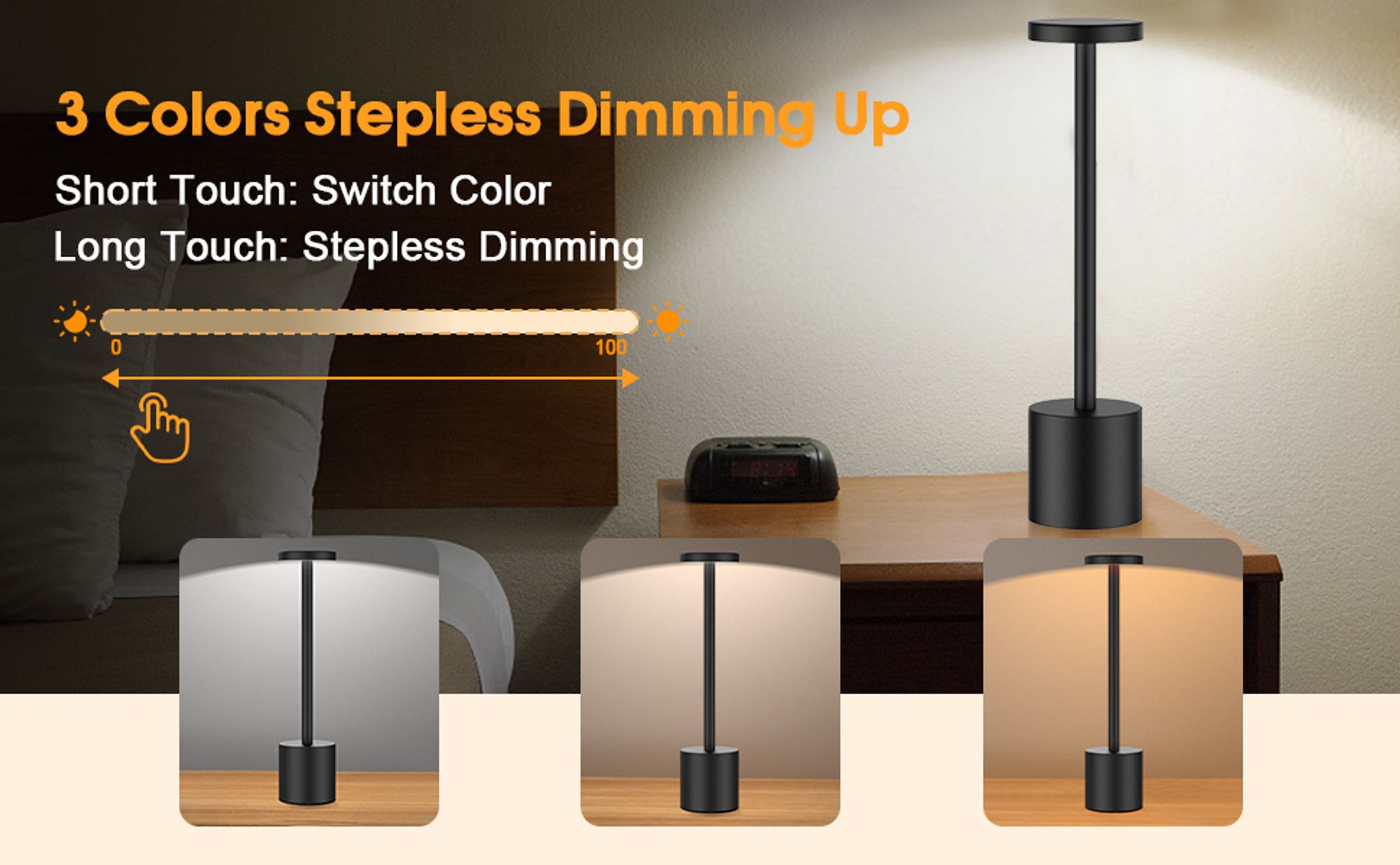 2er LED Nachtlichter Akku Tischlampe Kabellos, 1800 mAh Batterie mit 3 Beleuchtungsmodi Dimmbar Tischlampe , LED Tischleuchte Nachttischlampe,Schwarz