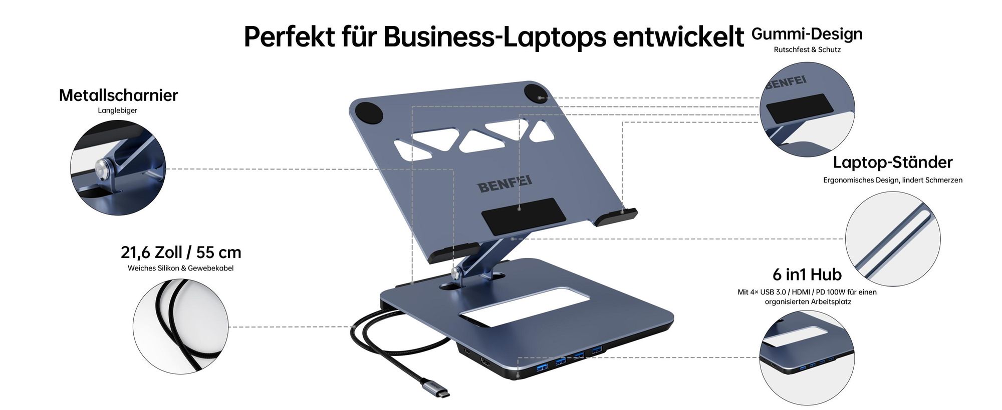 BENFEI Laptop-Ständer & -halterungen Laptop Ständer mit USB C 6in1 Dockingstation